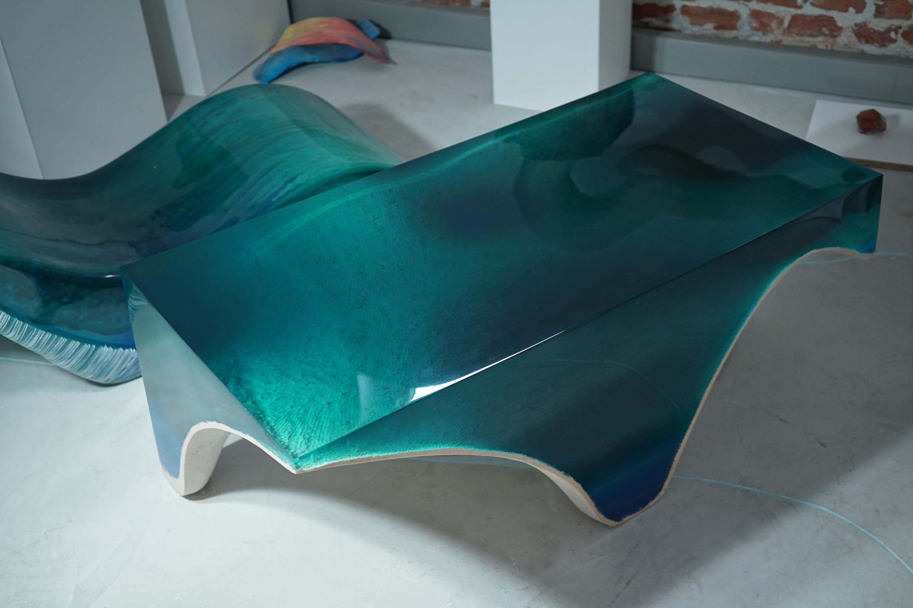 Delmare Coffee Table - by Eduard Locota. Green-Turquoise Acrylic Glass & Marble For Sale 4