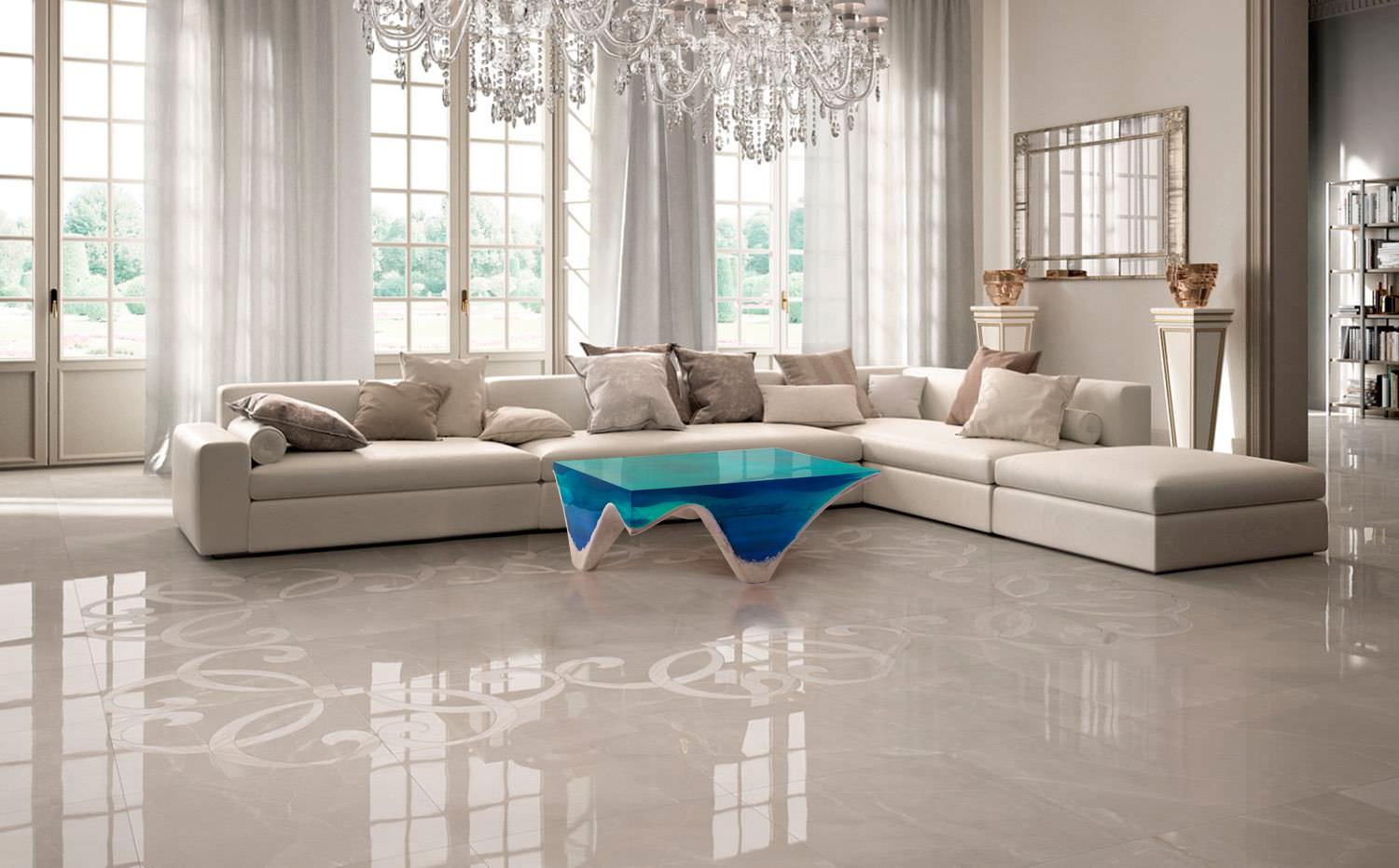 Cast Delmare Coffee Table - by Eduard Locota. Green-Turquoise Acrylic Glass & Marble For Sale