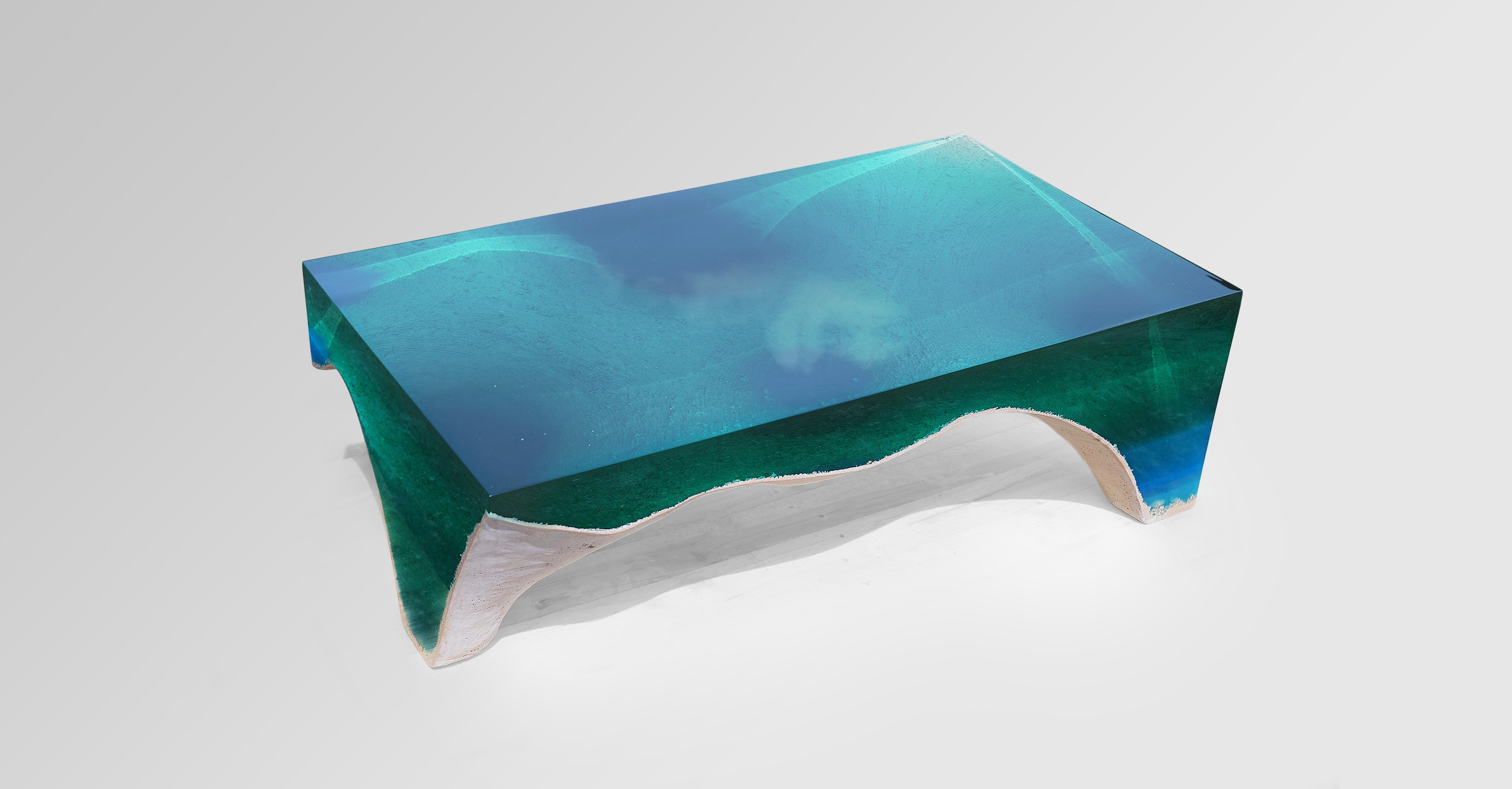 Contemporary Delmare Coffee Table - by Eduard Locota. Green-Turquoise Acrylic Glass & Marble For Sale