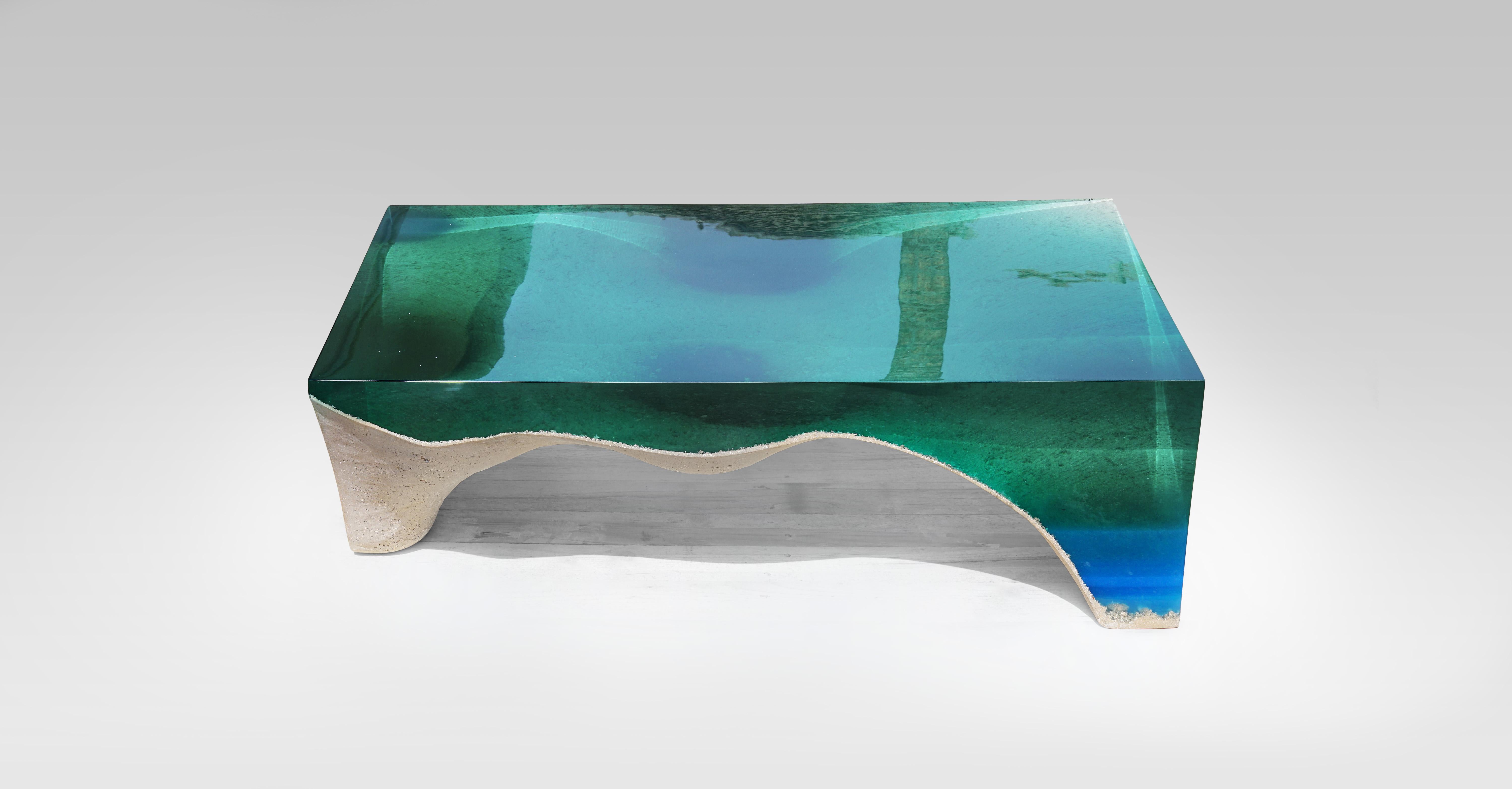 Delmare Coffee Table - by Eduard Locota. Green-Turquoise Acrylic Glass & Marble For Sale 2
