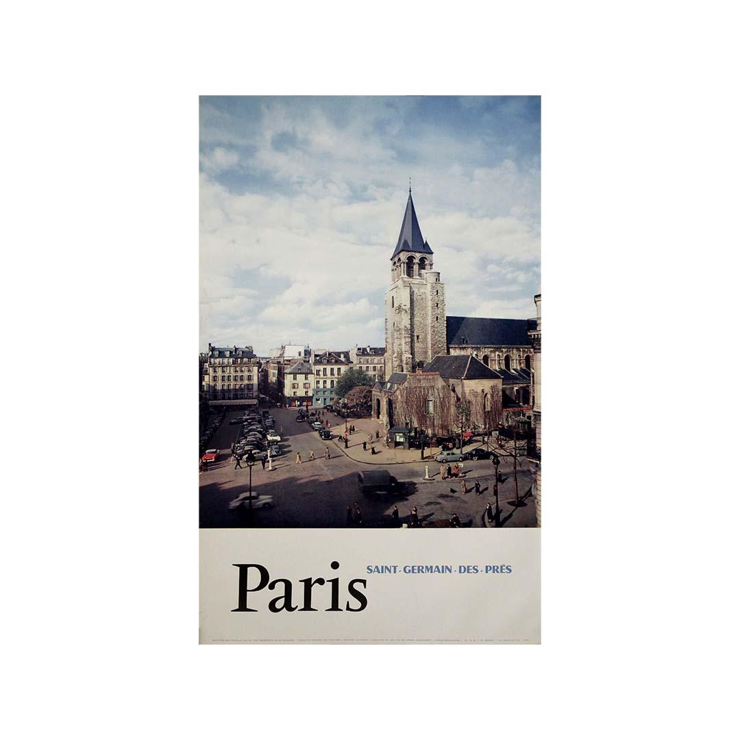 This original 1958 tourism poster, photographed by Delmas, captures the spirit of Saint-Germain-des-Prés, one of Paris’s most storied and culturally rich neighborhoods. Issued as part of a French tourism campaign in the postwar era, this image