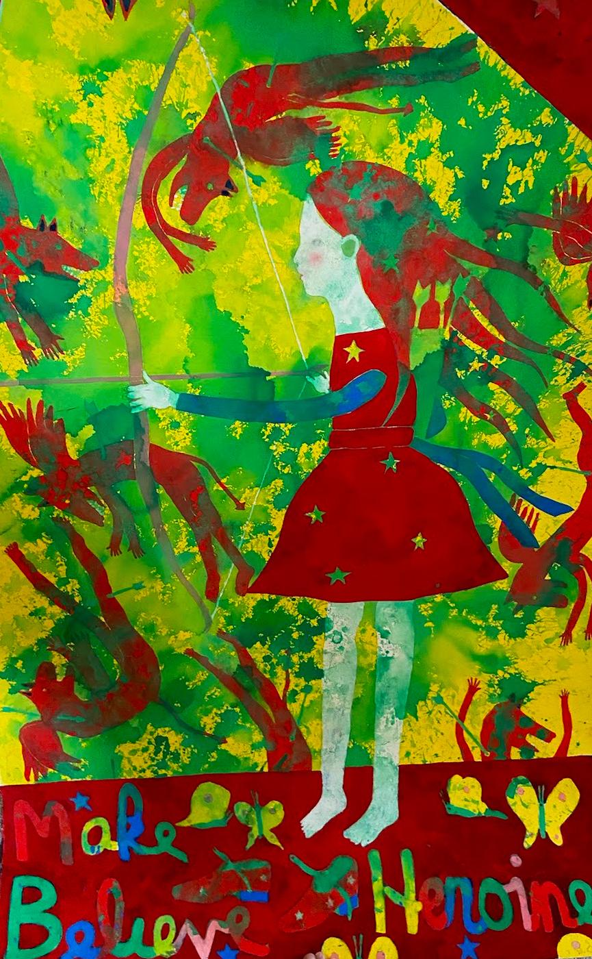 Make Believe Heroine - Young Girl Bow & Arrow Colorful whimsical red green 2017 - Painting by DeLoss McGraw