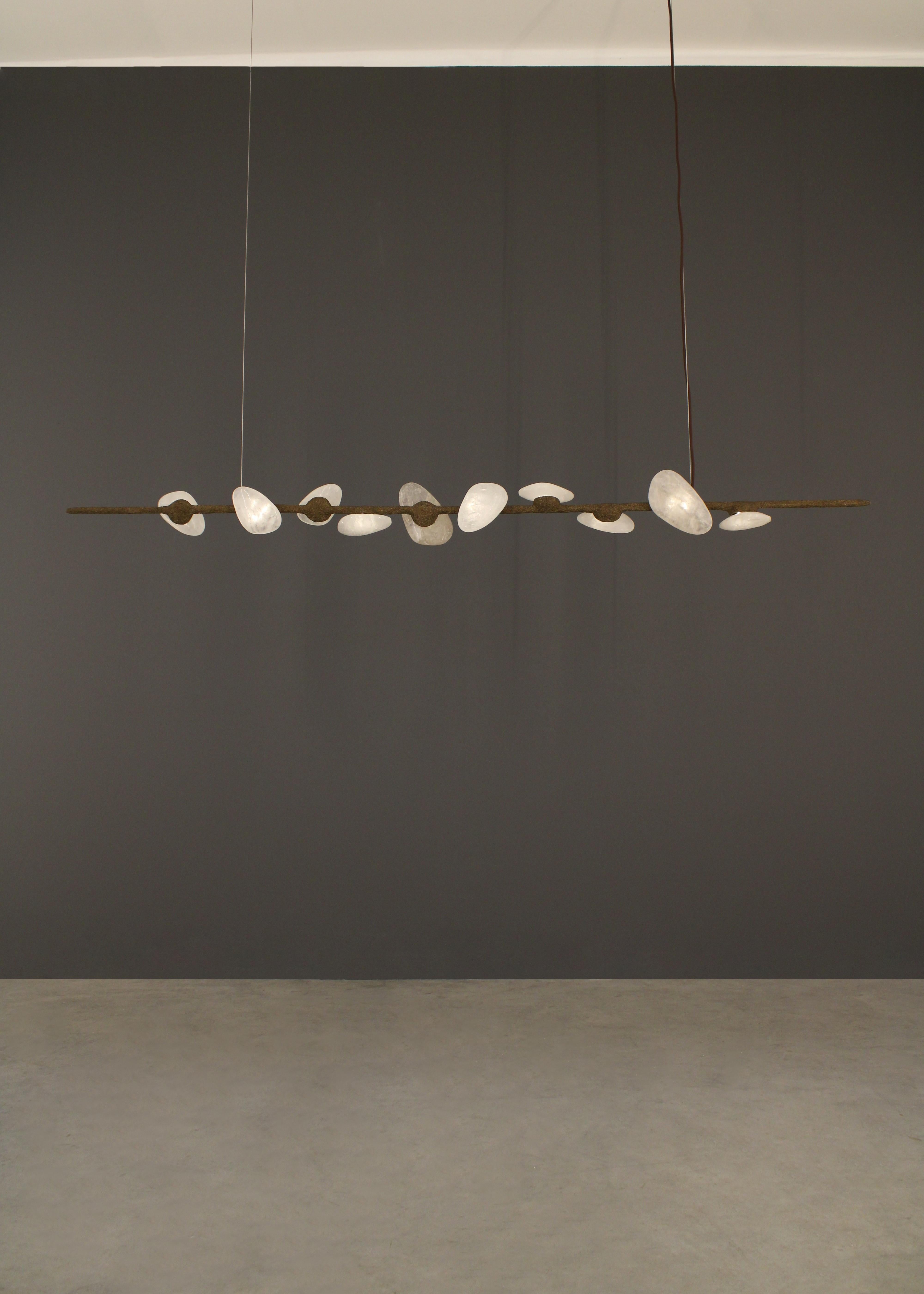 Delphi IV Pendant Lamp by Aver
Dimensions: D 14 x W 185 x H 18 cm 
Materials: Hand-blown glass, metal, crystals, and white quartz.

Available in different finishes. All our lamps can be wired according to each country. If sold to the USA it will be