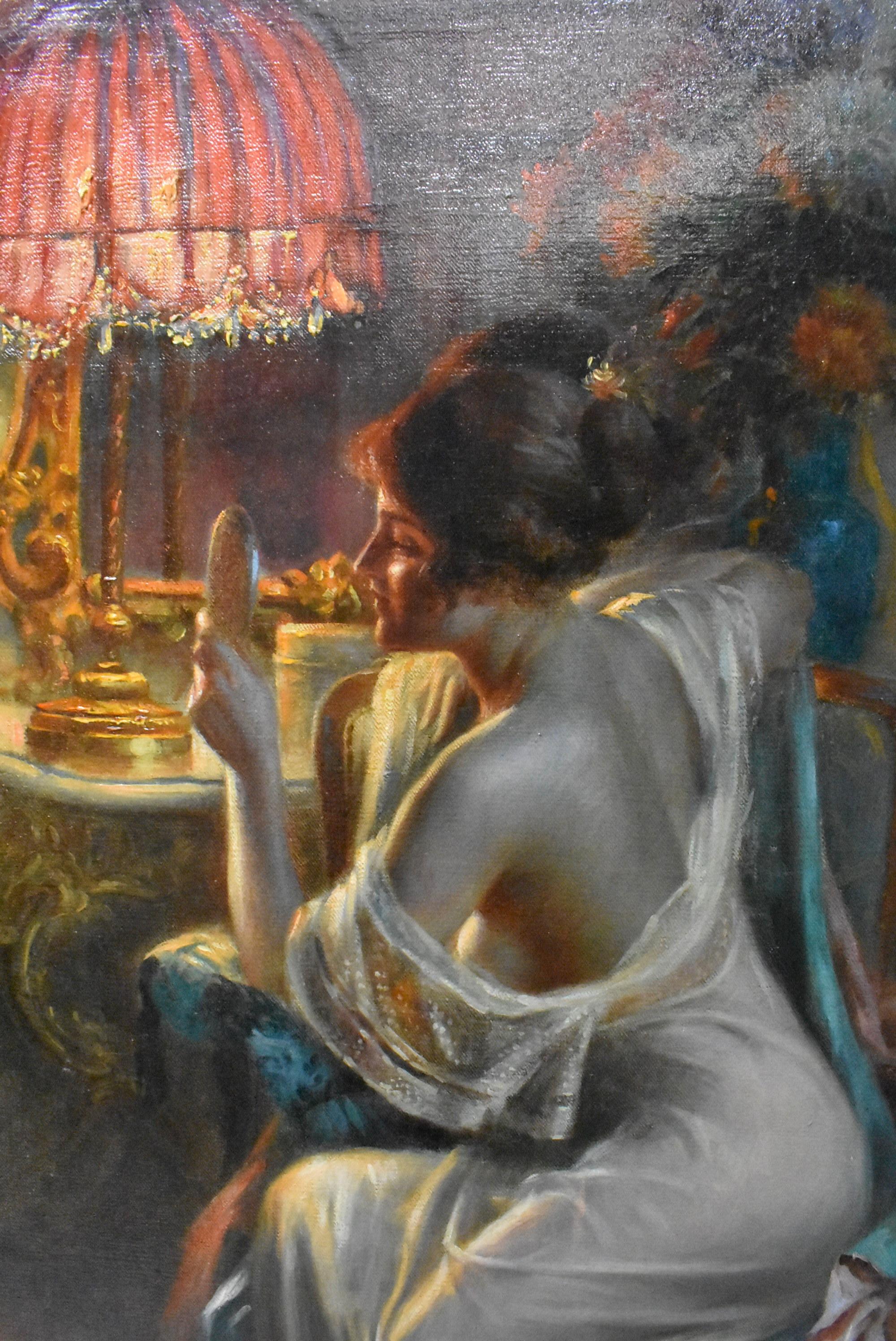 Delphin Enjolras (Frankreich, 1857-1945) Öl auf Leinwand Devant le Miroir (Französisch) im Angebot