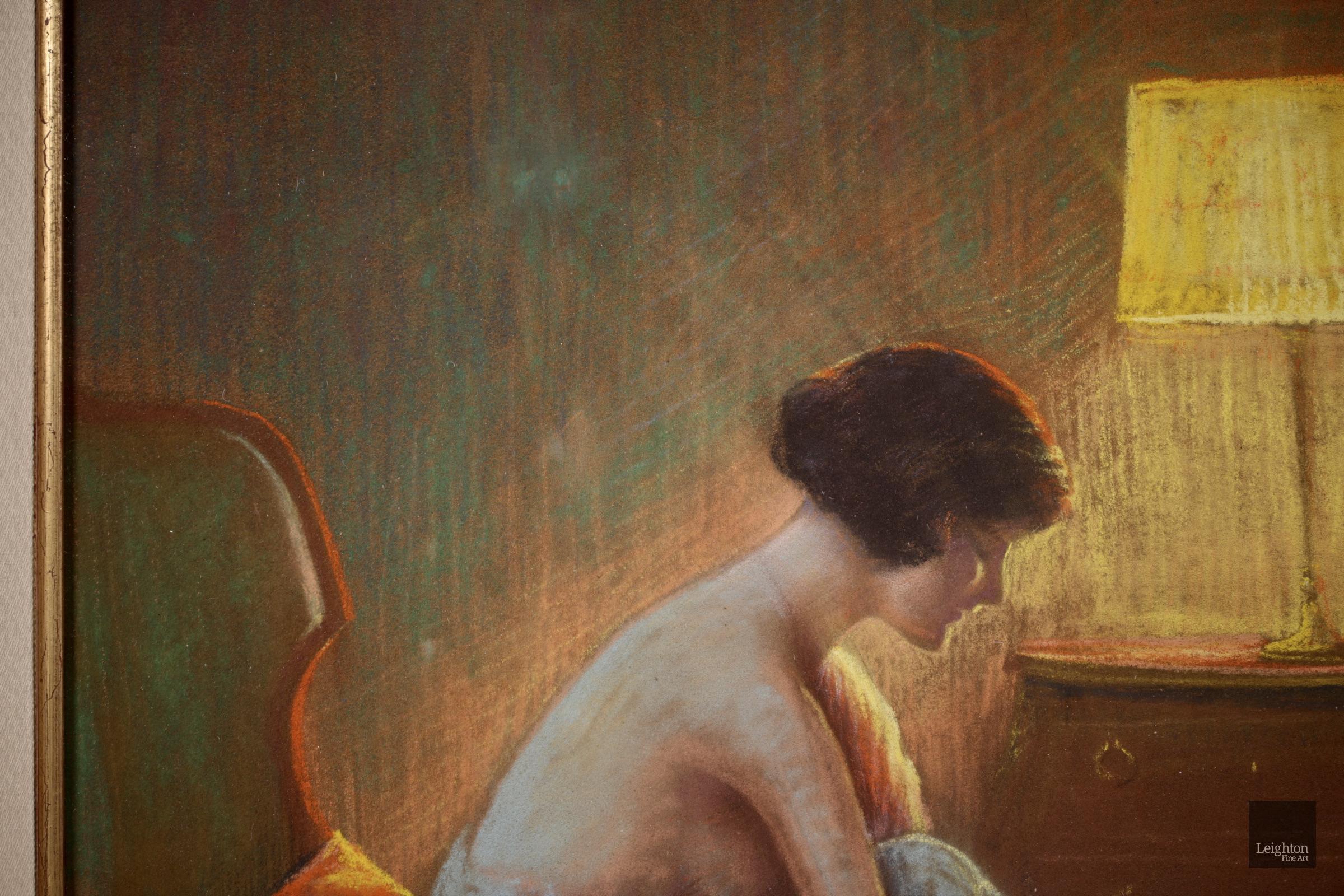 A beautiful pastel on board circa 1920 by French academic painter Delphin Enjolras. The work depicts a beautiful brunette woman seated in a chair in a bedroom interior. The room is illuminated by a the light of a lamp.

Signature:
Signed lower
