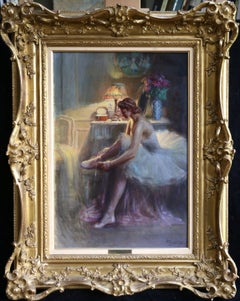 Femme Portant des Bas-19th Century Oil, Ballerina figure in Interior by Enjolras