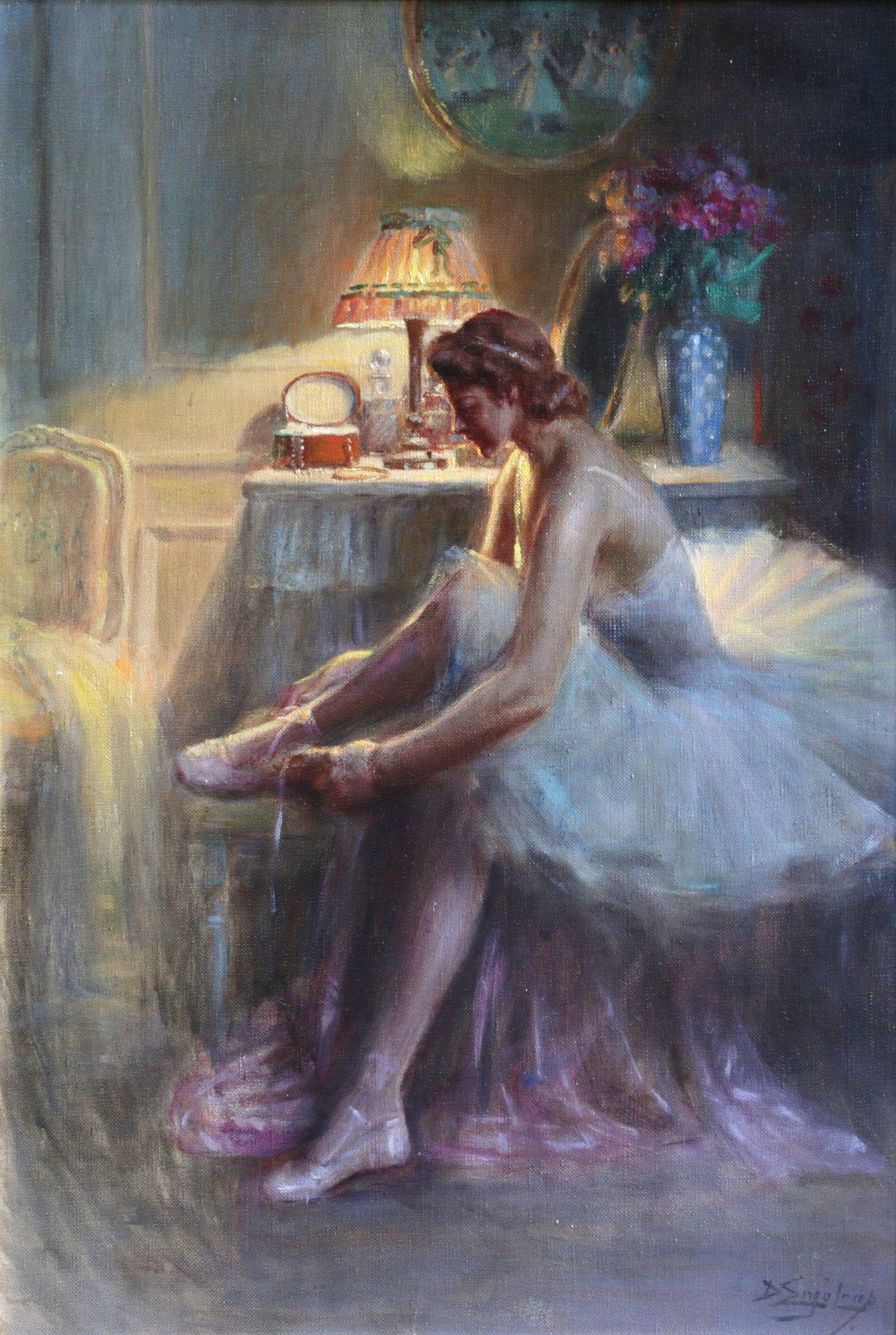 Delphin Enjolras Figurative Painting - Femme Portant des Bas-19th Century Oil, Ballerina figure in Interior by Enjolras
