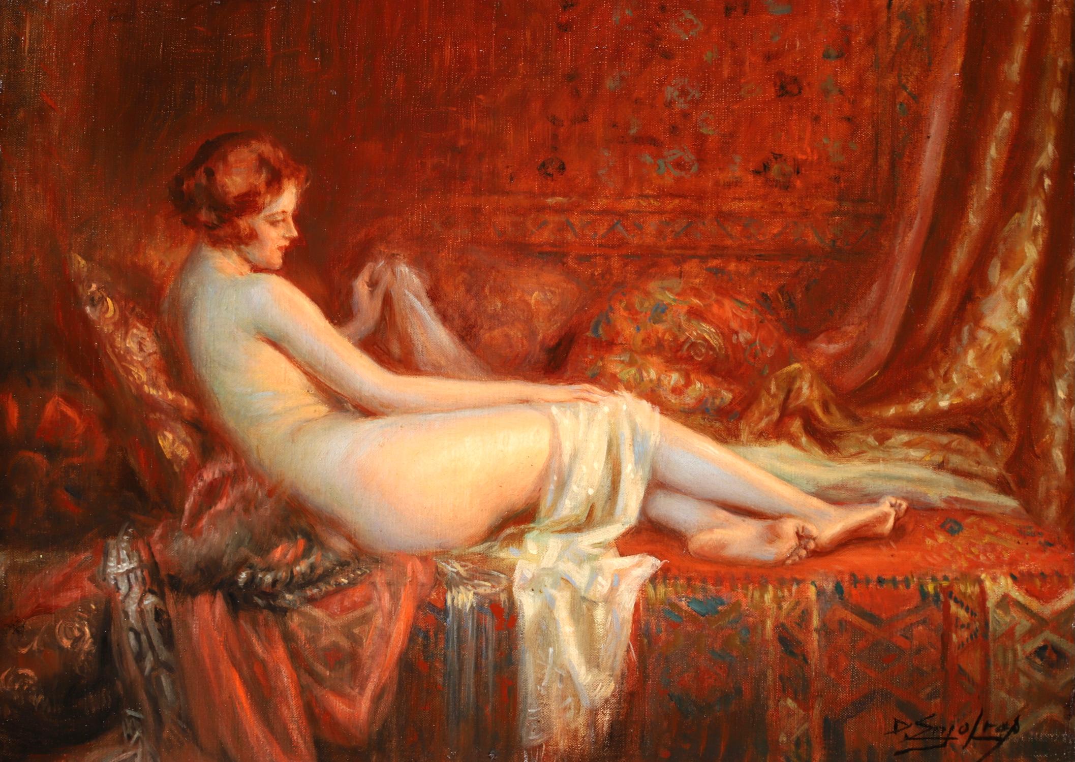 Nu Allonge - French Academic Oil, Nude Figure in Interior by Delphin Enjolras