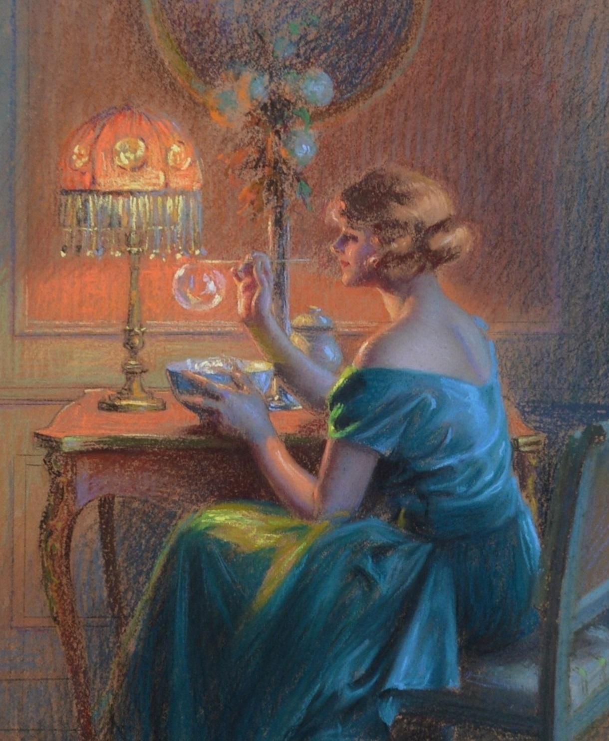 Seifenblasen – Antikes Gemälde der Schönheit der Belle Epoque von Tiffany (Braun), Figurative Painting, von Delphin Enjolras