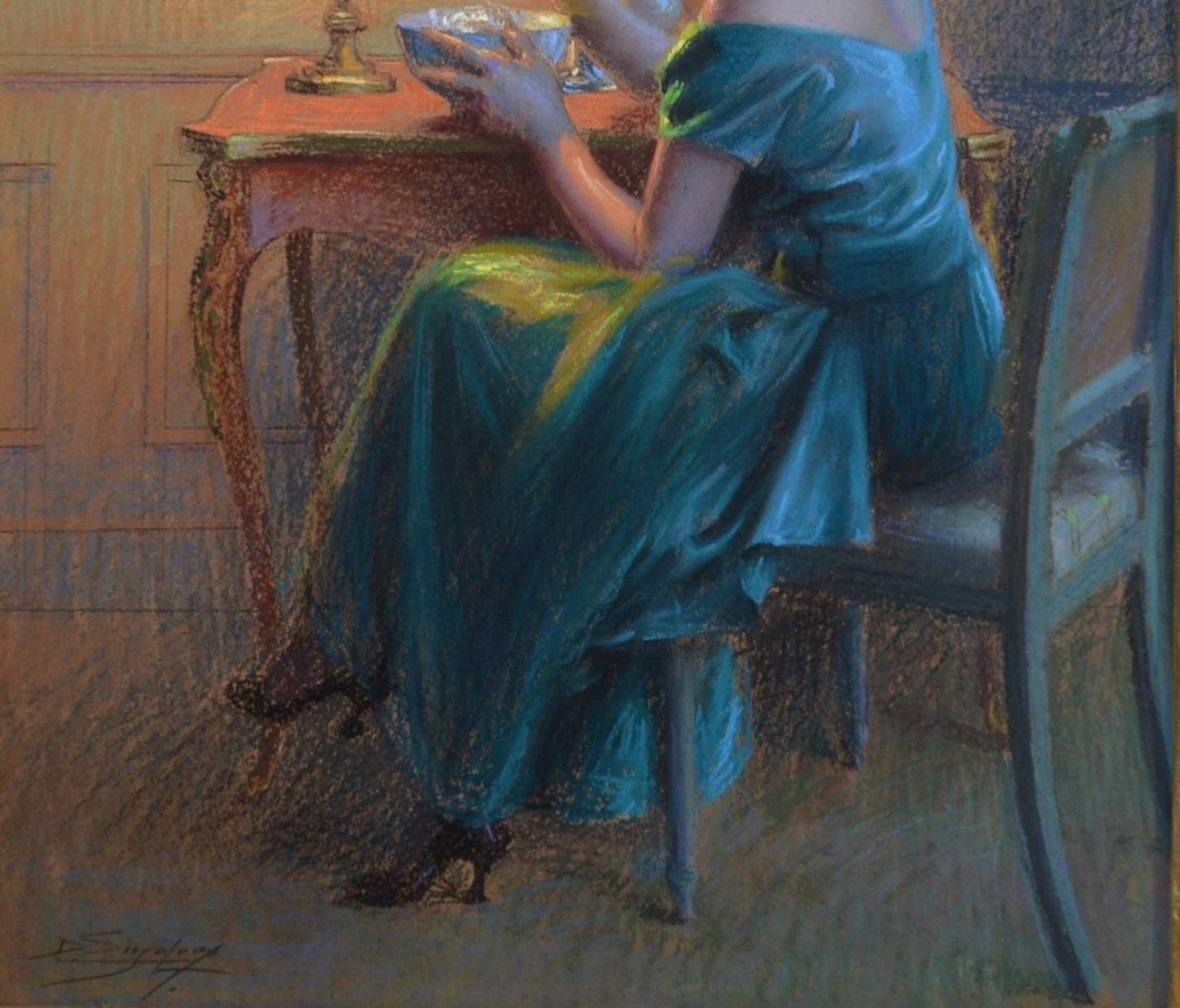 Soap Bubbles - Antique Painting of Belle Epoque Beauty by Tiffany Lamplight - Brown Figurative Painting by Delphin Enjolras