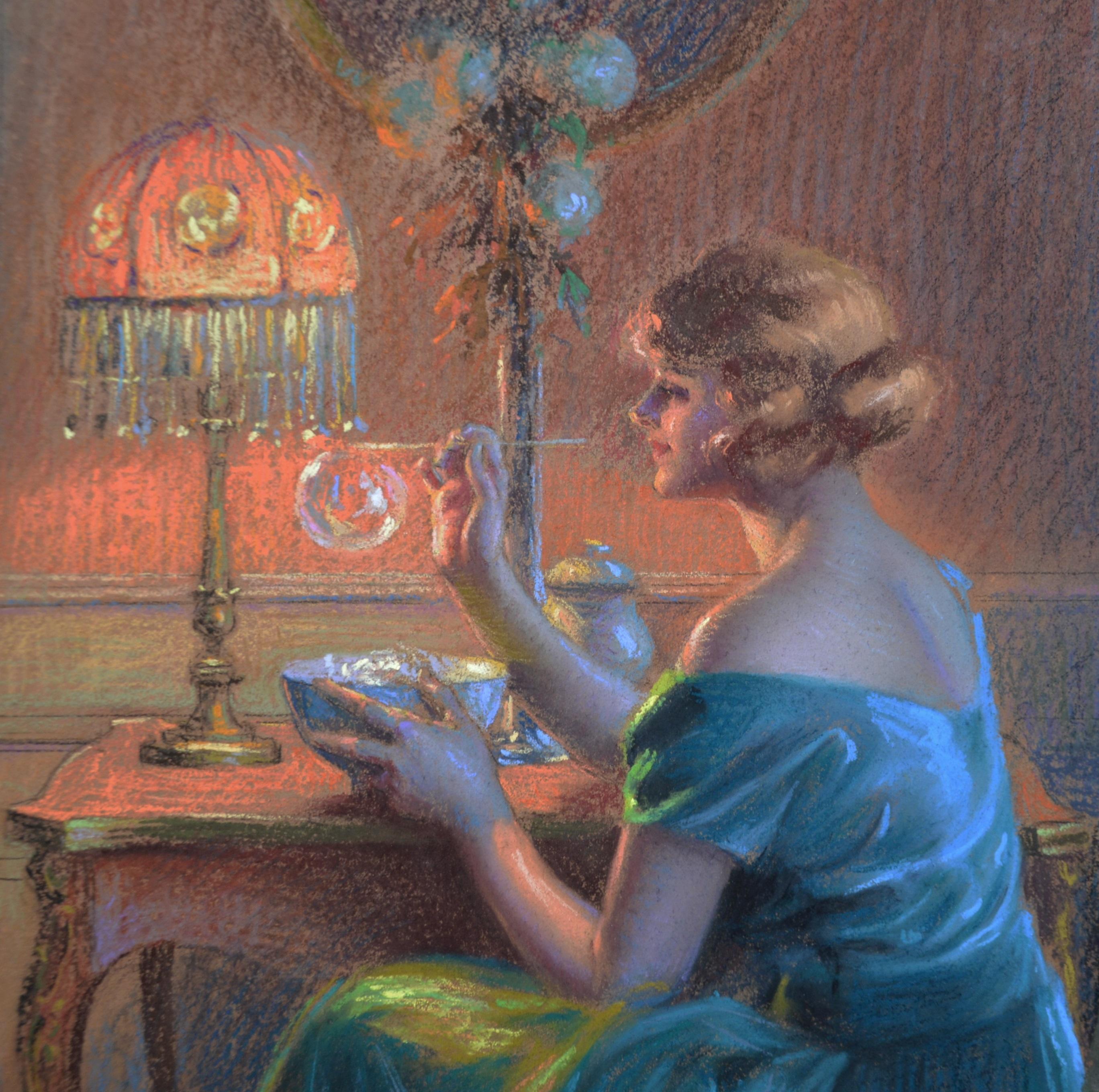 ‘Soap Bubbles’ by Delphin Enjolras (1857-1945) depicts a young Belle Epoque beauty lit by lamplight and is signed by the artist. It is displayed behind newly installed non-reflective UV resistant Museum Glass© and in a fine quality gold metal leaf