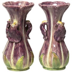 Delphin Massier a Pair of Iris Vases, Majolica, circa 1900