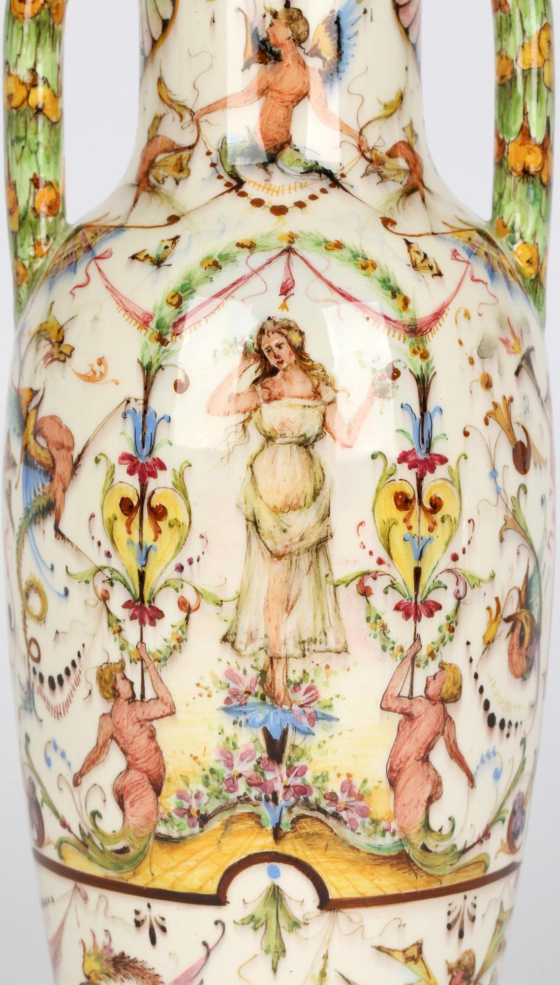 Vase en majolique à deux poignées peint à la main de Delphin Massier, Vallauris, France en vente 2