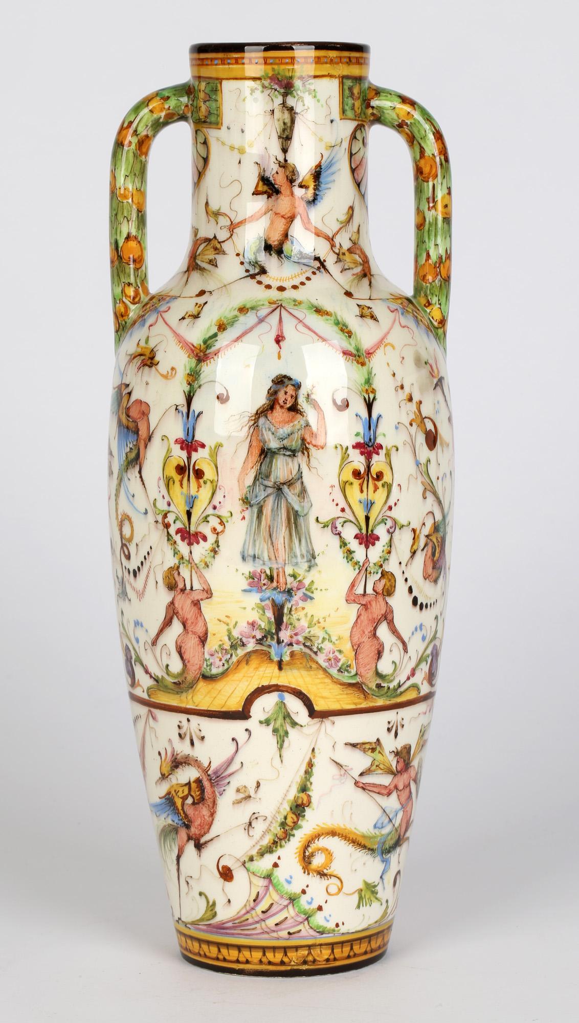 Delphin Massier French Vallauris Hand Painted Twin Handled Majolica Vase For Sale 6