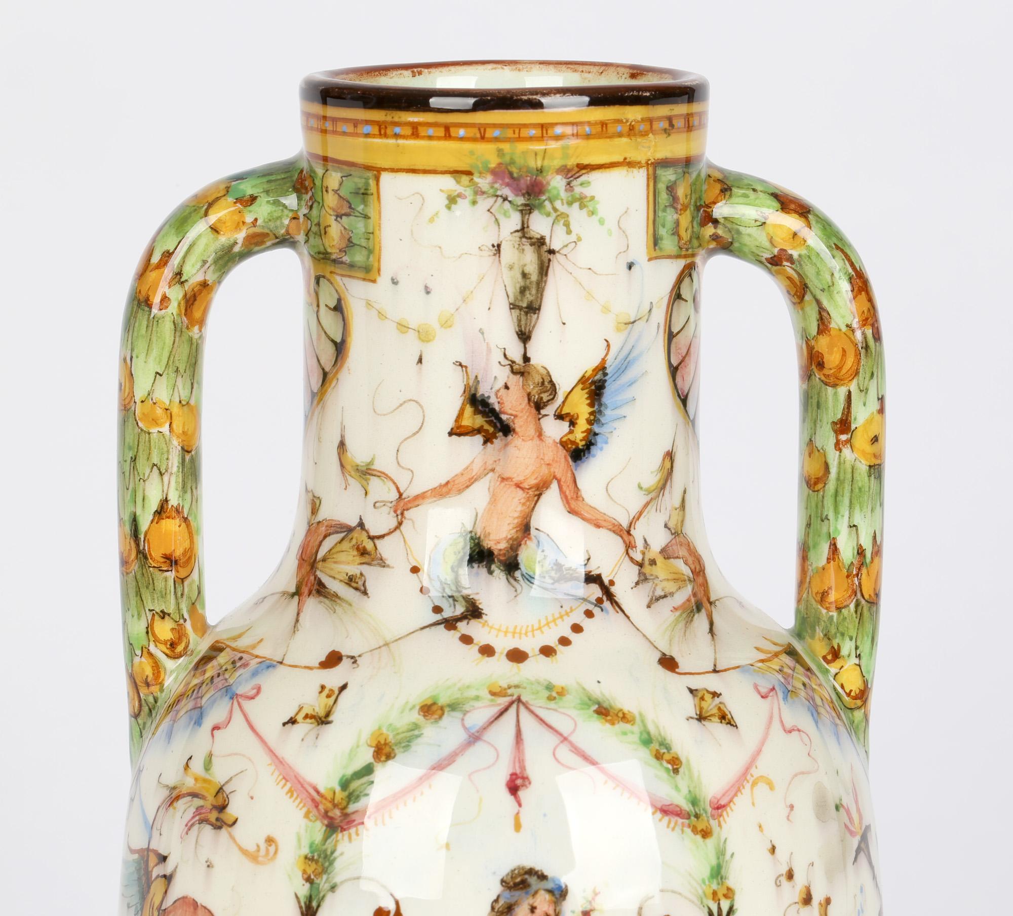 Delphin Massier French Vallauris Hand Painted Twin Handled Majolica Vase For Sale 7