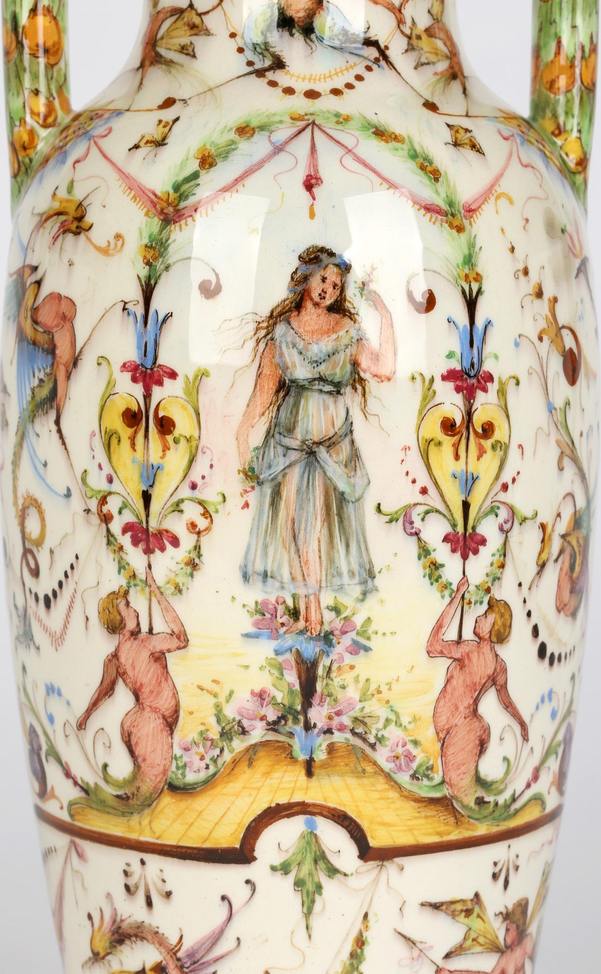 Delphin Massier French Vallauris Hand Painted Twin Handled Majolica Vase For Sale 8
