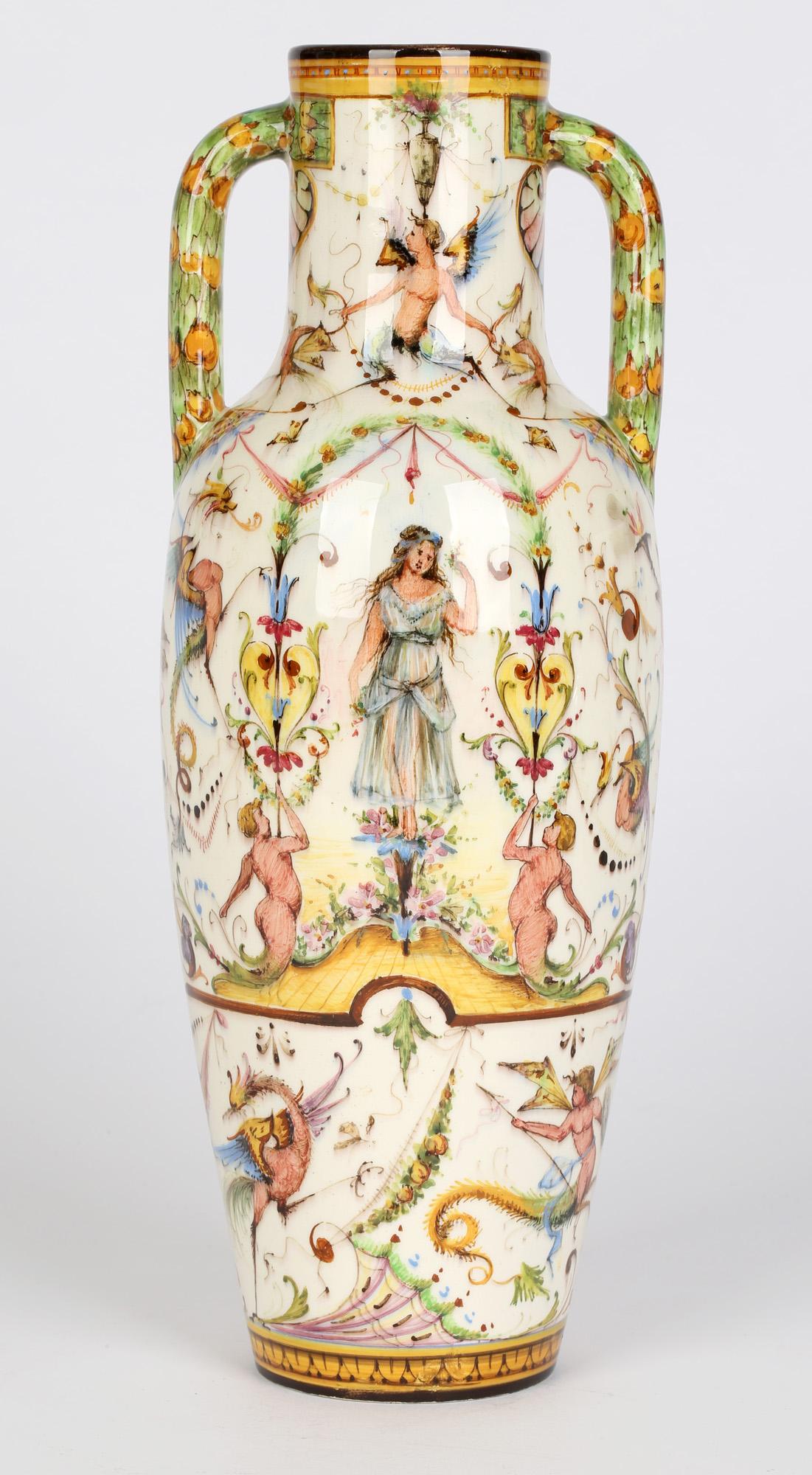 Delphin Massier French Vallauris Hand Painted Twin Handled Majolica Vase For Sale 10