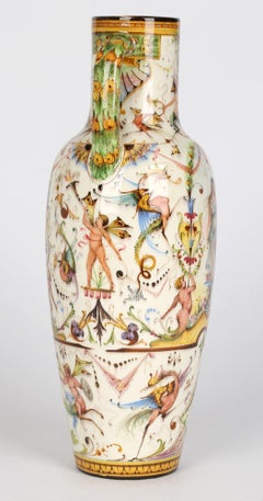 Delphin Massier French Vallauris Hand Painted Twin Handled Majolica Vase