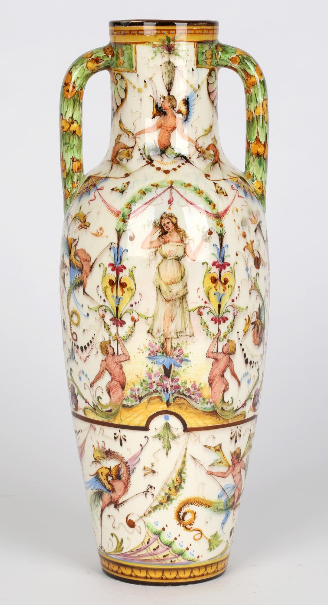 Français Vase en majolique à deux poignées peint à la main de Delphin Massier, Vallauris, France en vente