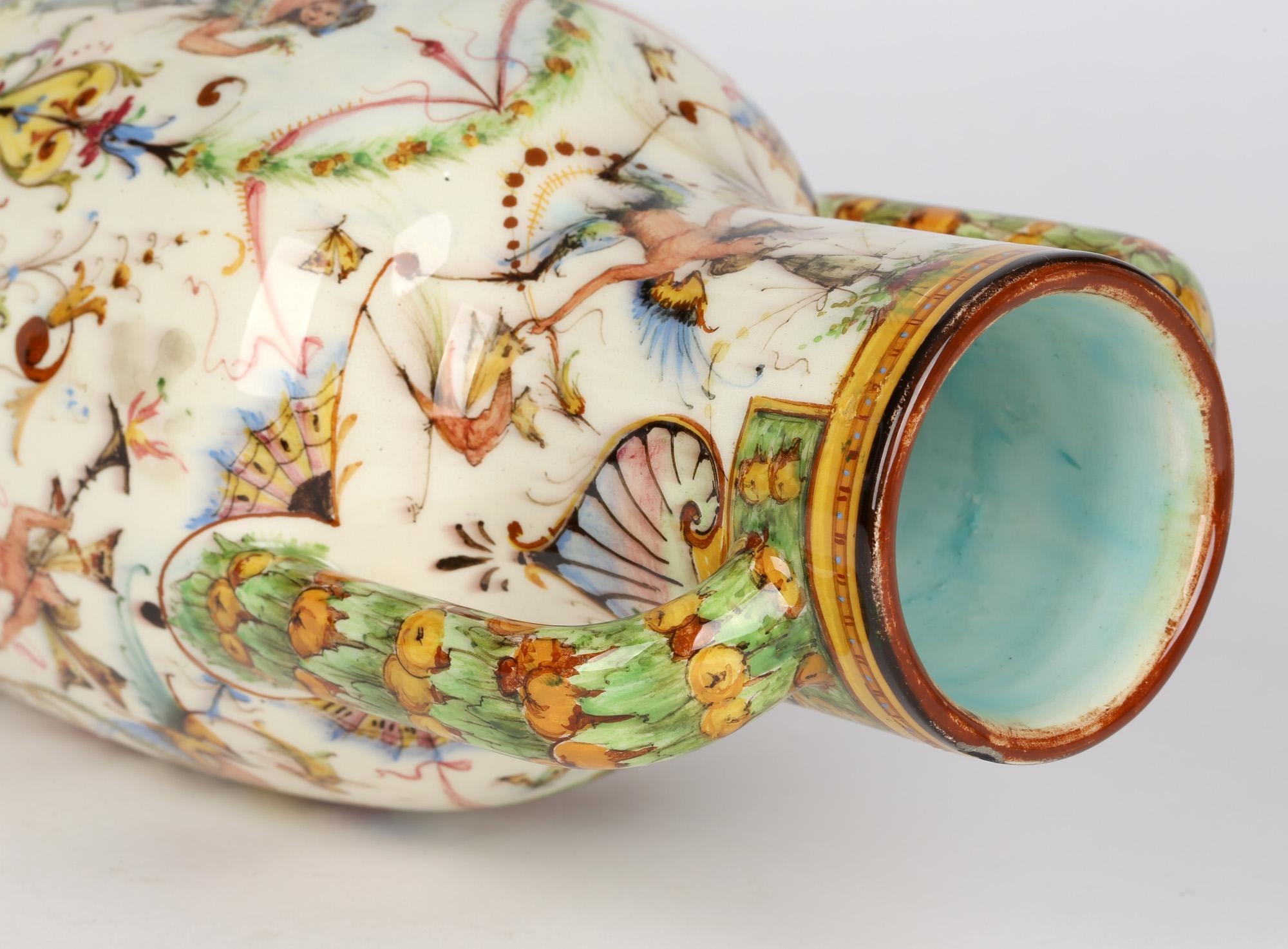 Aesthetic Movement Delphin Massier French Vallauris Hand Painted Twin Handled Majolica Vase For Sale