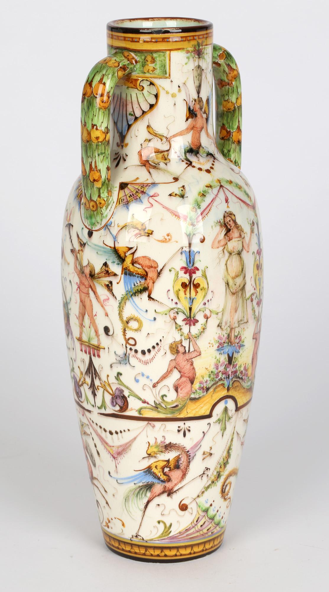 Pottery Delphin Massier French Vallauris Hand Painted Twin Handled Majolica Vase For Sale