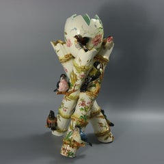 Delphin Massier Majolica Birds on Bamboo Vase