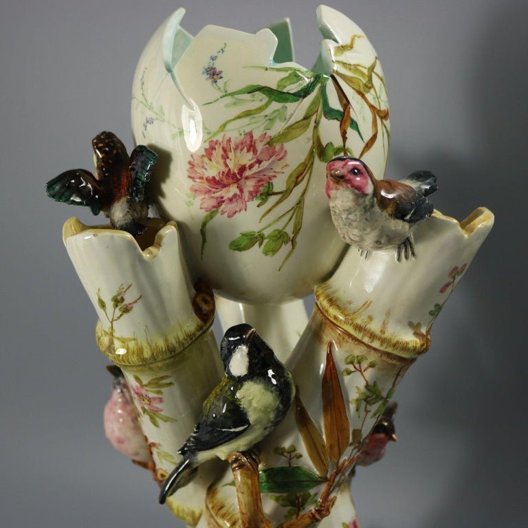 Delphin Massier Majolika Vgel auf Bambus Vase im Angebot bei 1stDibs  Deutschland