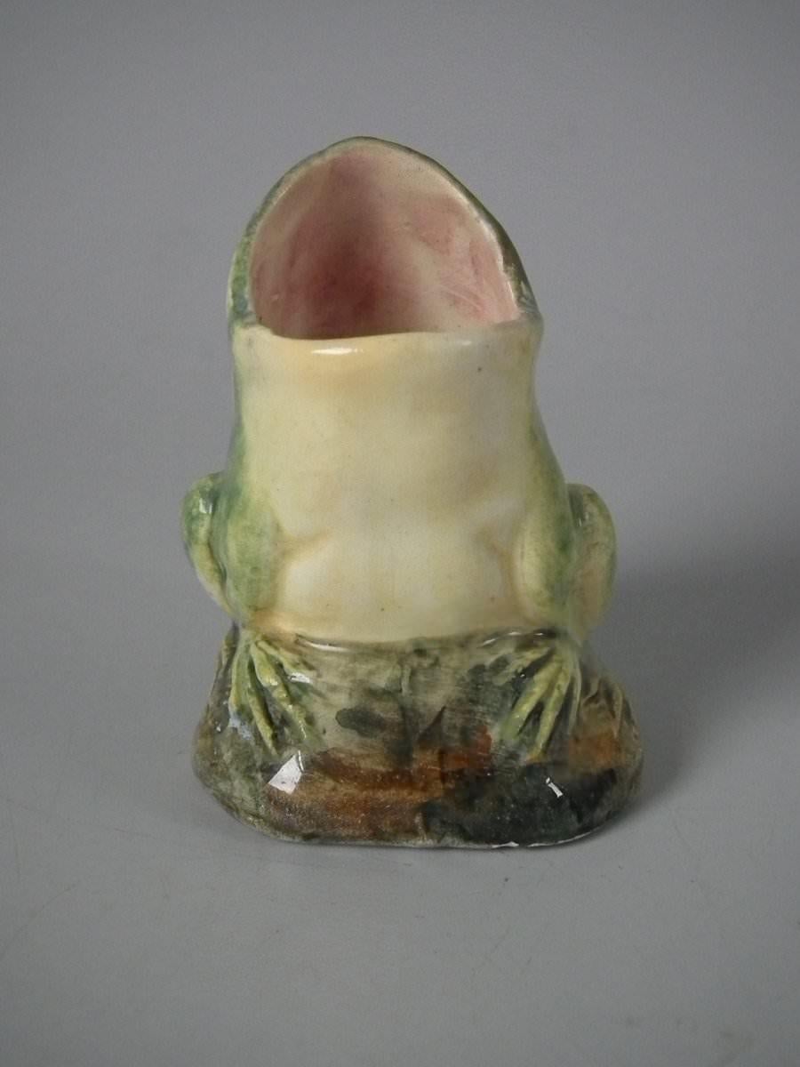 Delphin Massier French Majolica posy holder which features a frog. Colouration: green, yellow, brown, are predominant. Book reference,'Barbotines de la Côte d'Azur' by Marsee Bottero, page 118, figure 9.