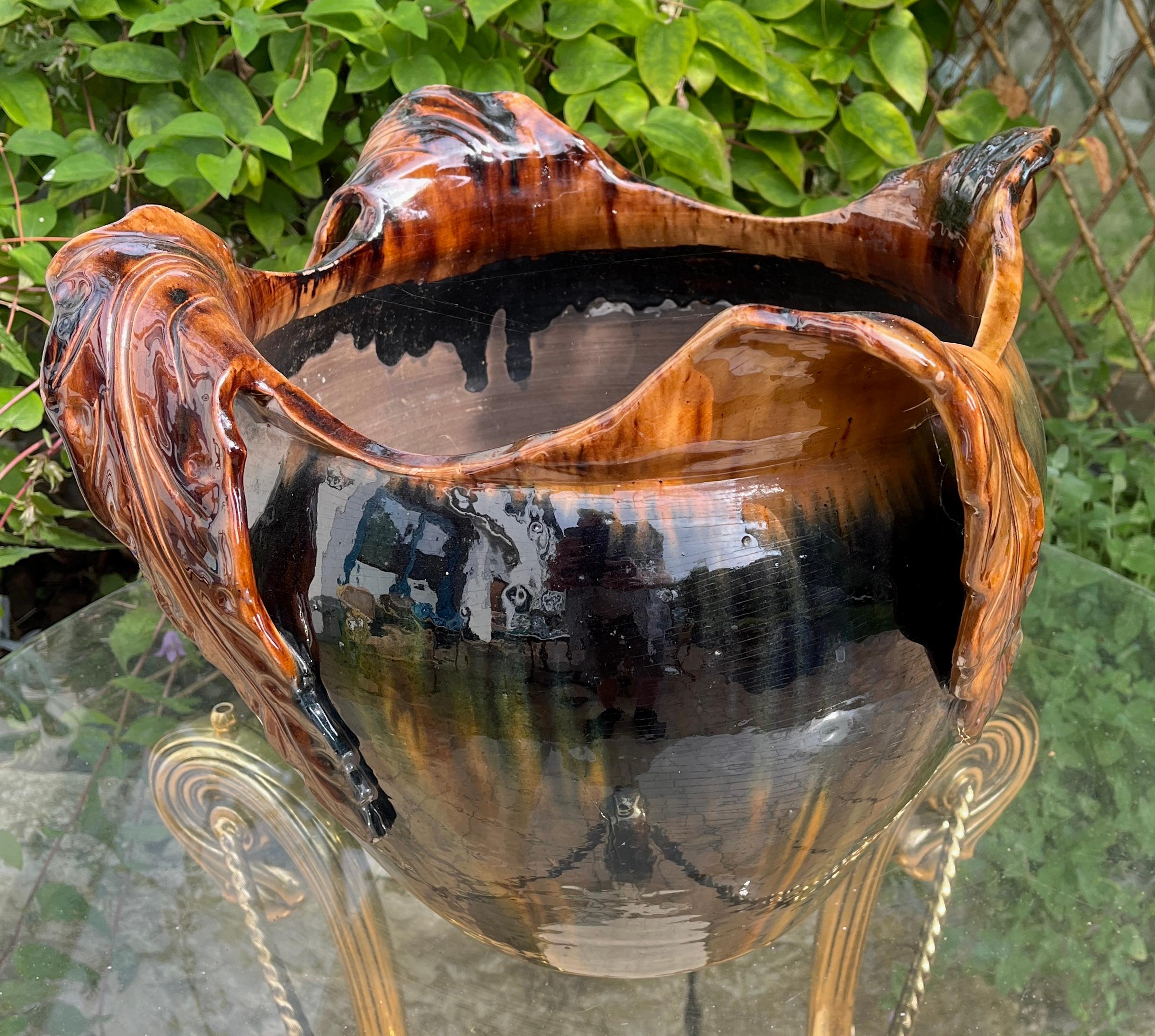 Glazed Delphin Massier Majolica Jardinière 'Planter and Oak Stand', Vallauris For Sale
