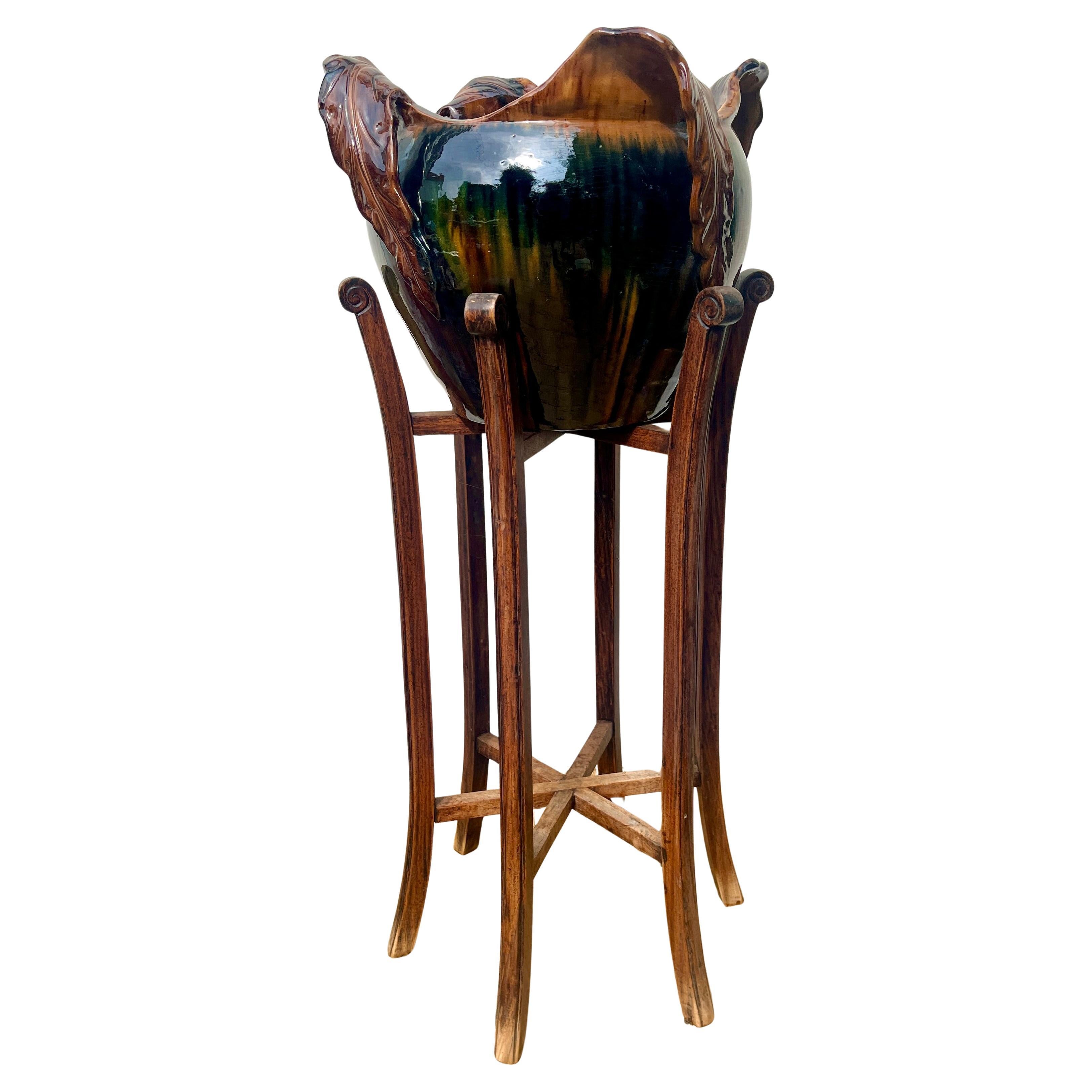 Delphin Massier Majolica Jardinière 'Planter and Oak Stand', Vallauris For Sale