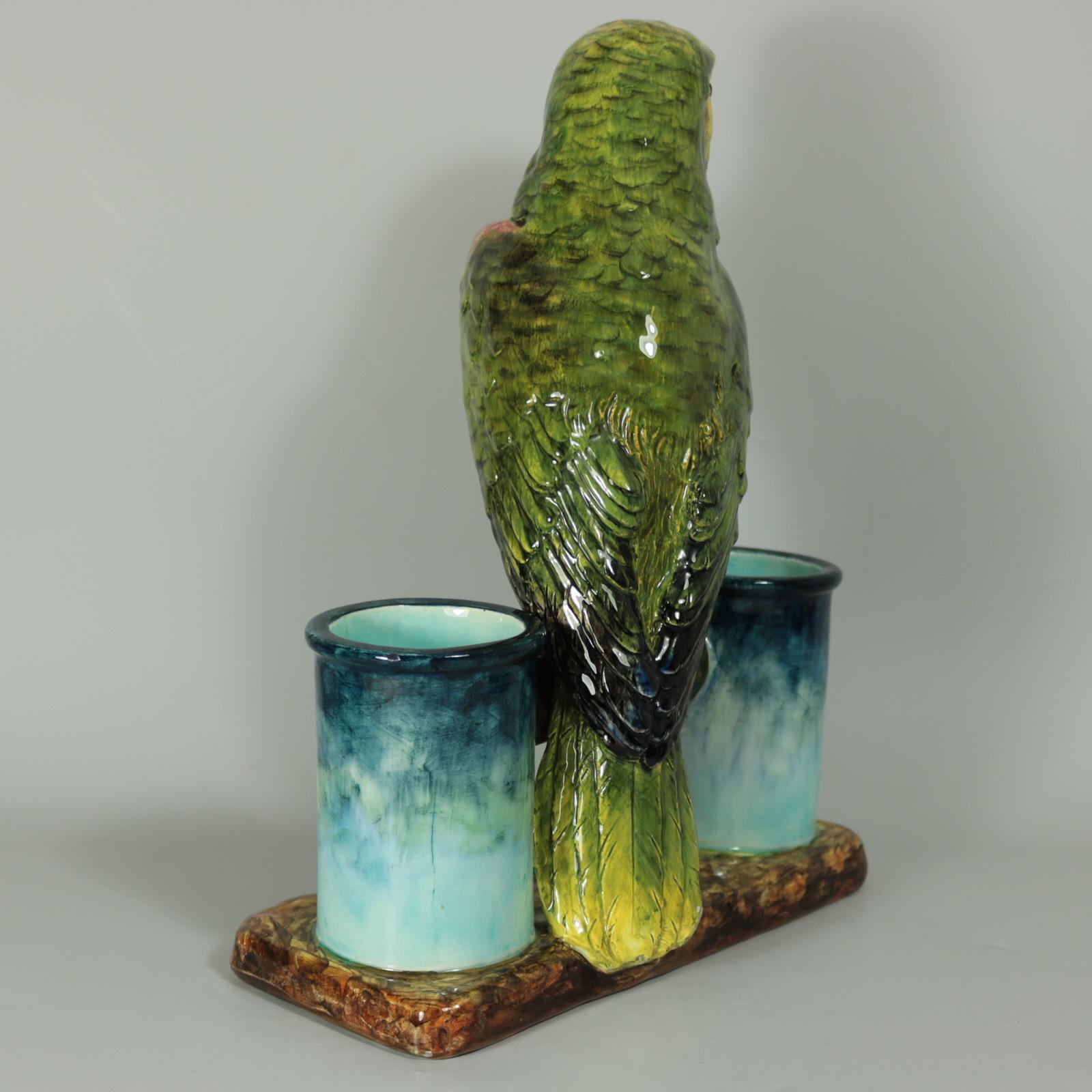 Victorian Delphin Massier Majolica Parrot Figural Vase For Sale