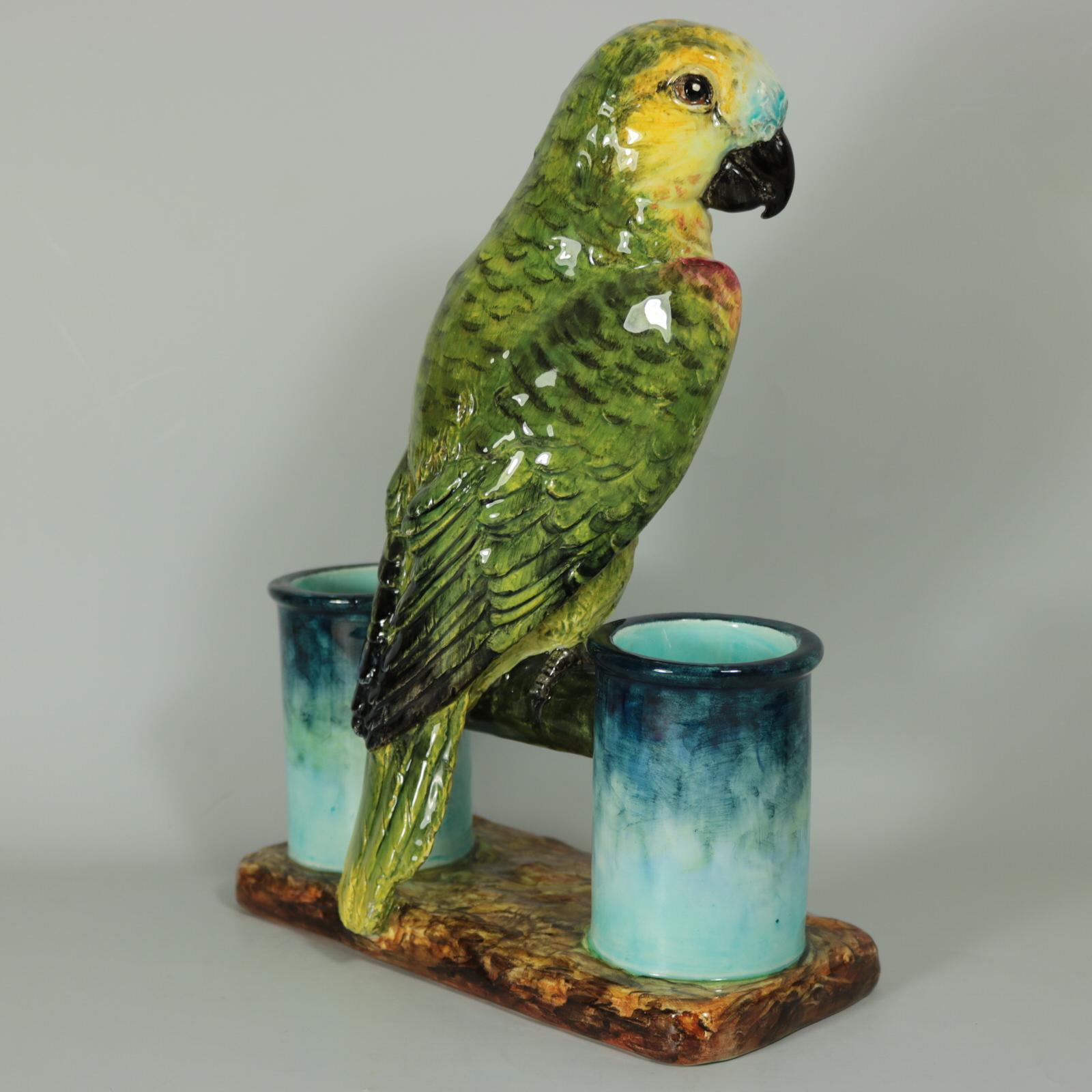 Glazed Delphin Massier Majolica Parrot Figural Vase For Sale
