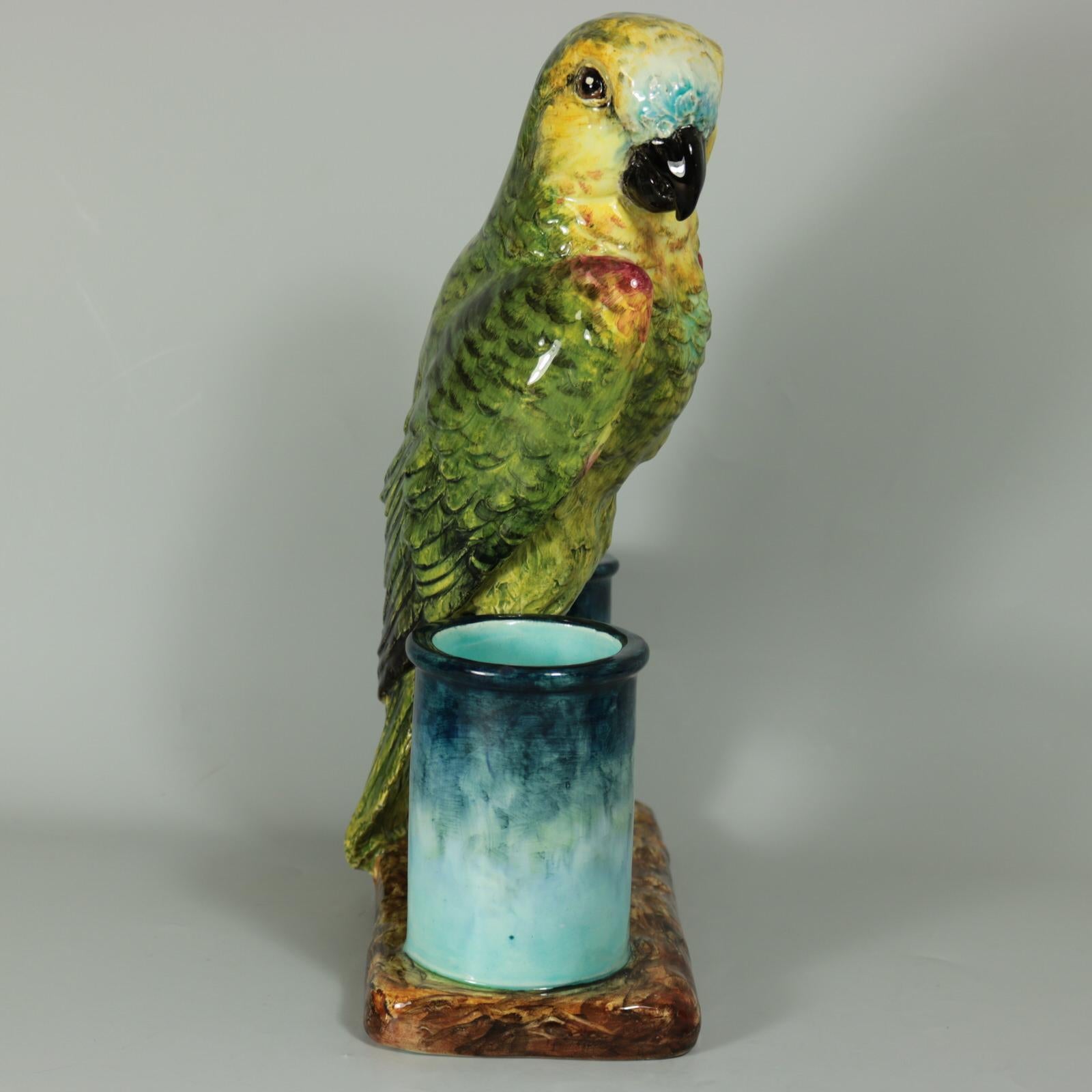 Delphin Massier Majolica Parrot Figural Vase In Good Condition For Sale In Chelmsford, Essex
