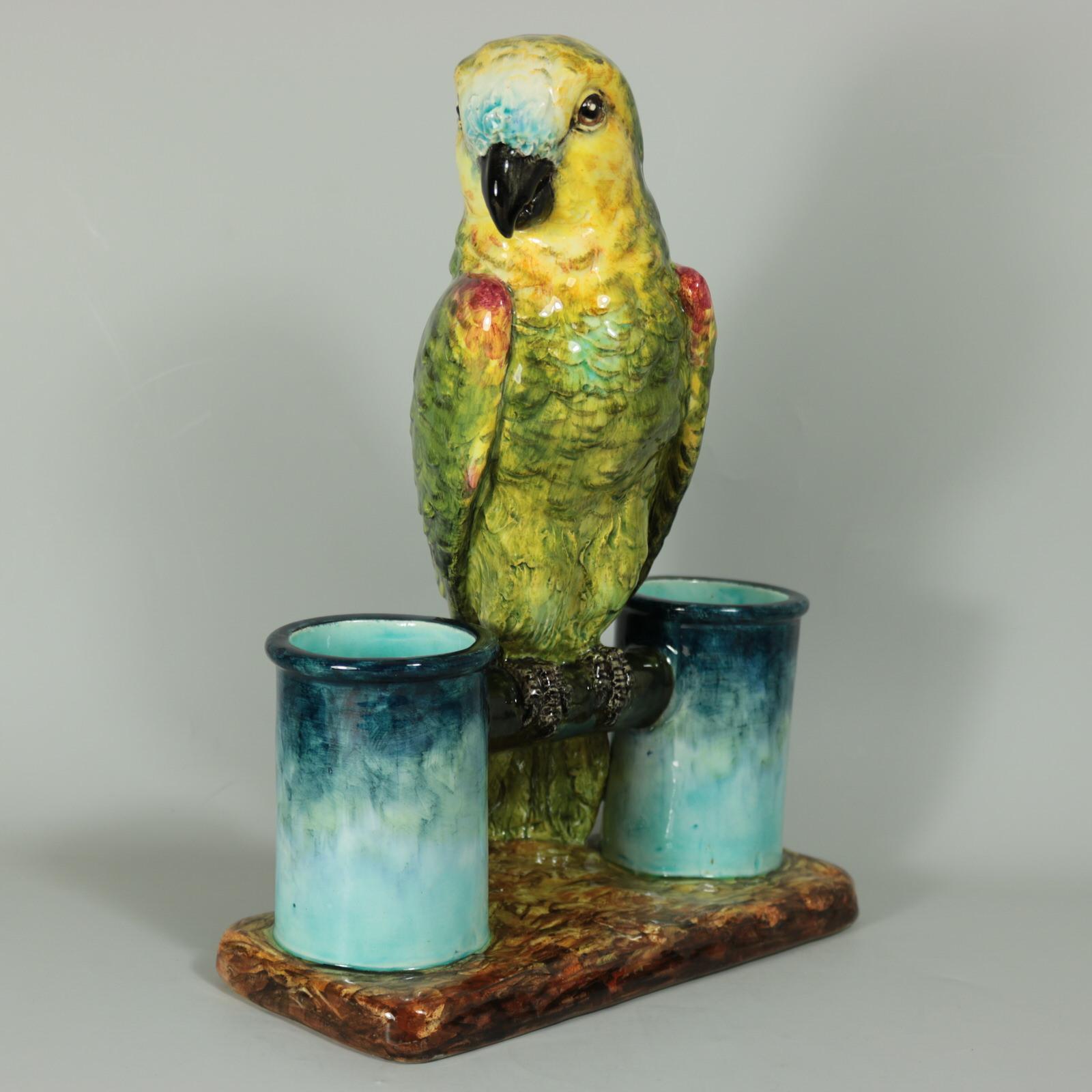 19th Century Delphin Massier Majolica Parrot Figural Vase For Sale