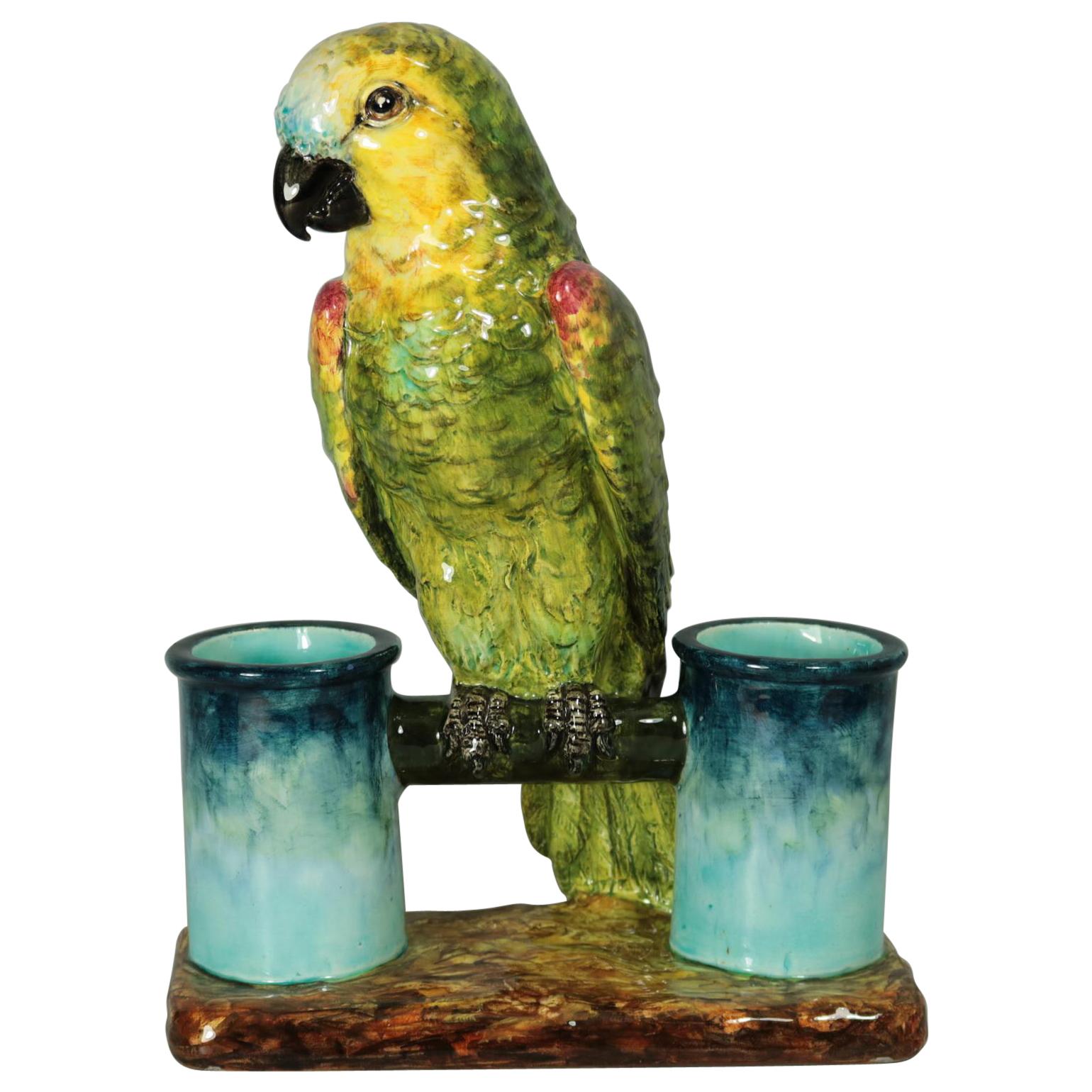 Delphin Massier Majolica Parrot Figural Vase