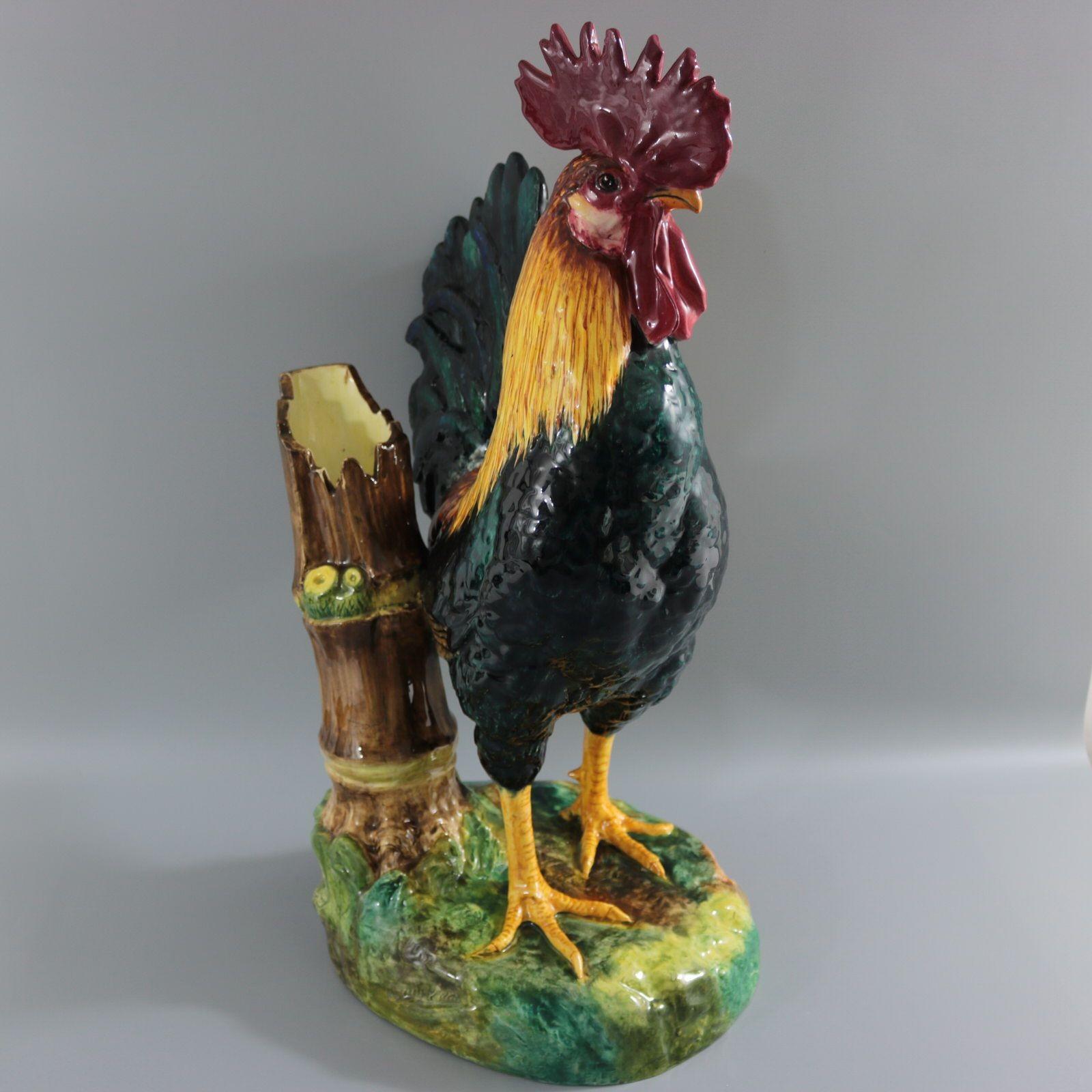 Delphin Massier Majolica Rooster / Cockerel Figural Vase In Good Condition For Sale In Chelmsford, Essex