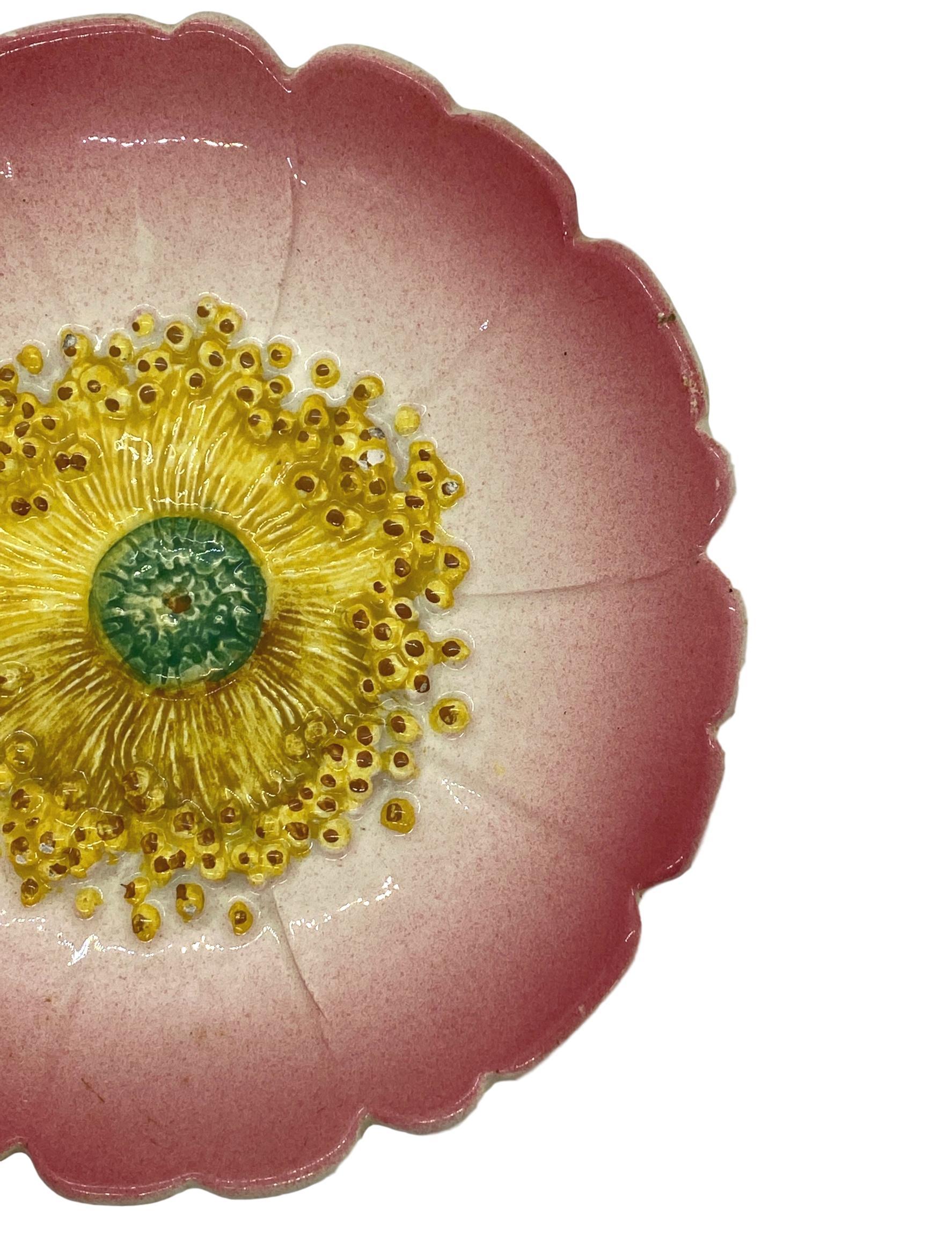 Delphin Massier Majolica (Barbotine) Trompe L'oeil pink flower plate, French, circa 1895, naturalistically molded as a rosehip flower.
Measurements: Diameter 7.75 x height 1.25.
For over 28 years we have been among the world's preeminent