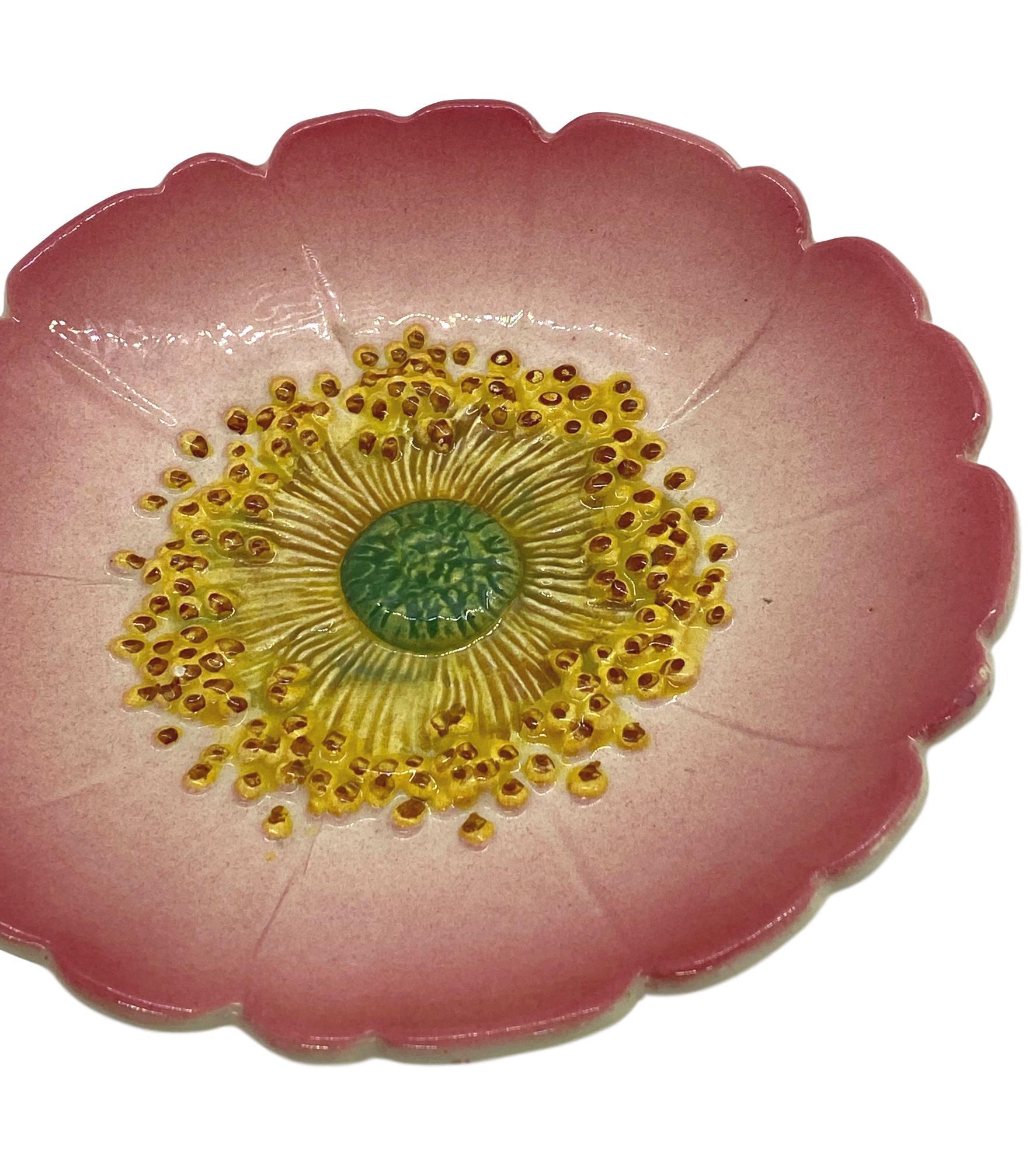 Delphin Massier Majolica (Barbotine) Trompe L'oeil pink flower plate, French, circa 1895, naturalistically molded as a rosehip flower, signed on reverse: 'Delphin Massier'
Measurements: Diameter 7.75 x Height 1.25.
For over 28 years we have been