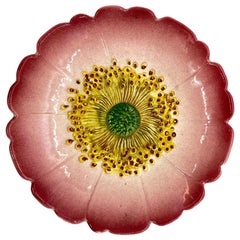 Delphin Massier Majolica Trompe L'oeil Pink Flower Plate, French, circa 1895