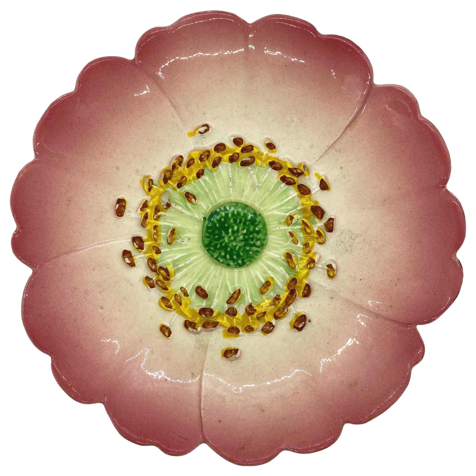 Delphin Massier Majolica Trompe L'Oeil Pink Flower Plate, French, circa 1900