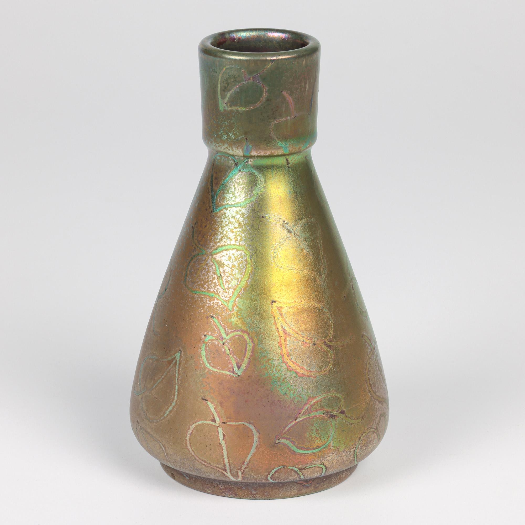 Delphin Massier Vallauris Iridescent Art Nouveau Leaf Patterned Vase 3