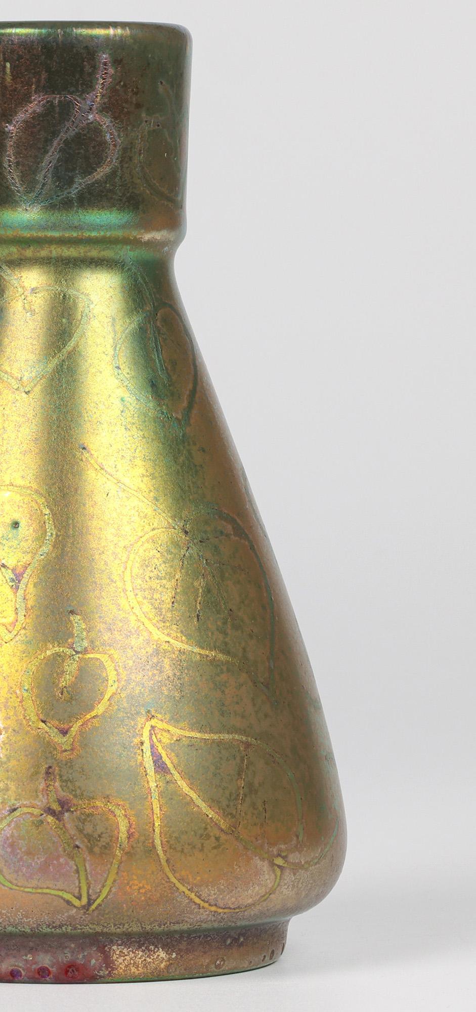 French Delphin Massier Vallauris Iridescent Art Nouveau Leaf Patterned Vase