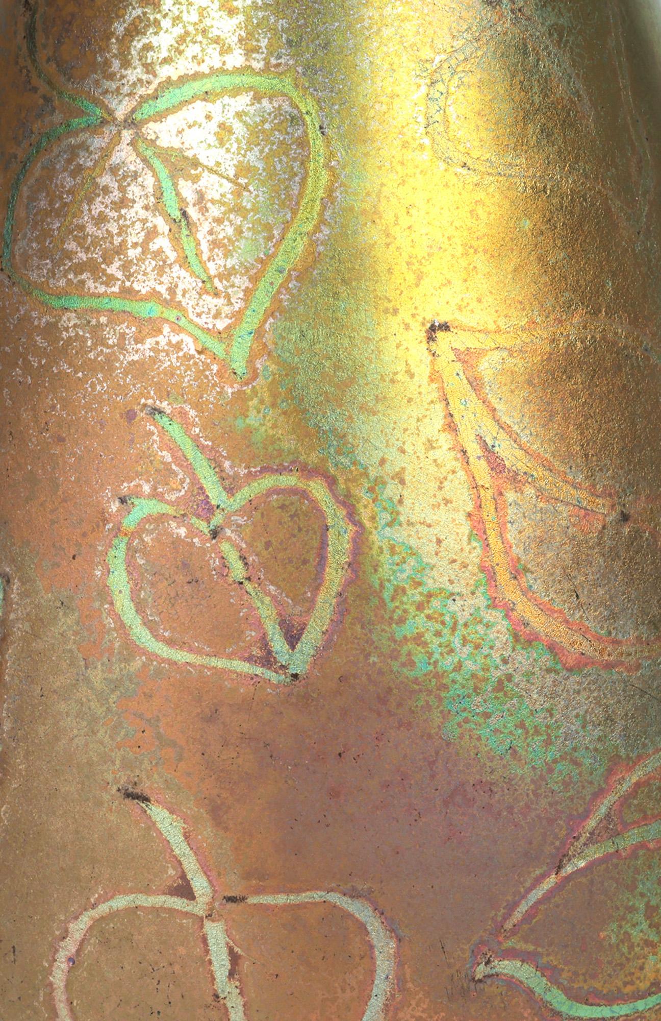 Glazed Delphin Massier Vallauris Iridescent Art Nouveau Leaf Patterned Vase