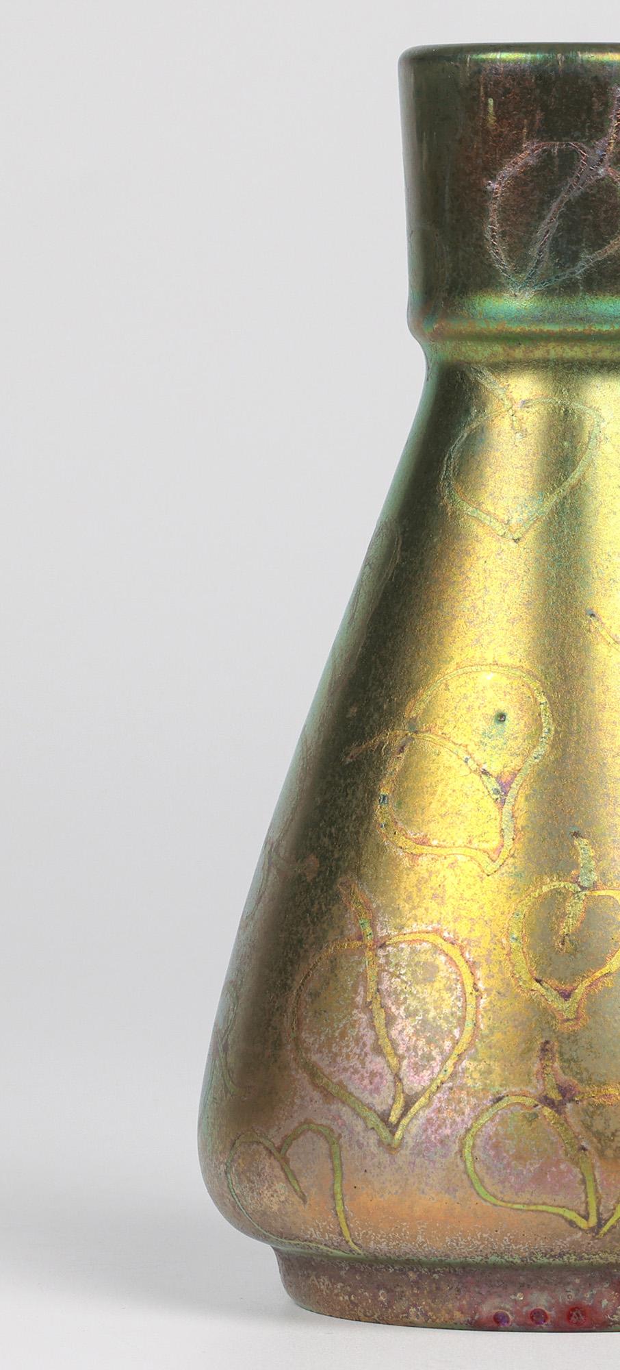 Delphin Massier Vallauris Iridescent Art Nouveau Leaf Patterned Vase In Good Condition In Bishop's Stortford, Hertfordshire