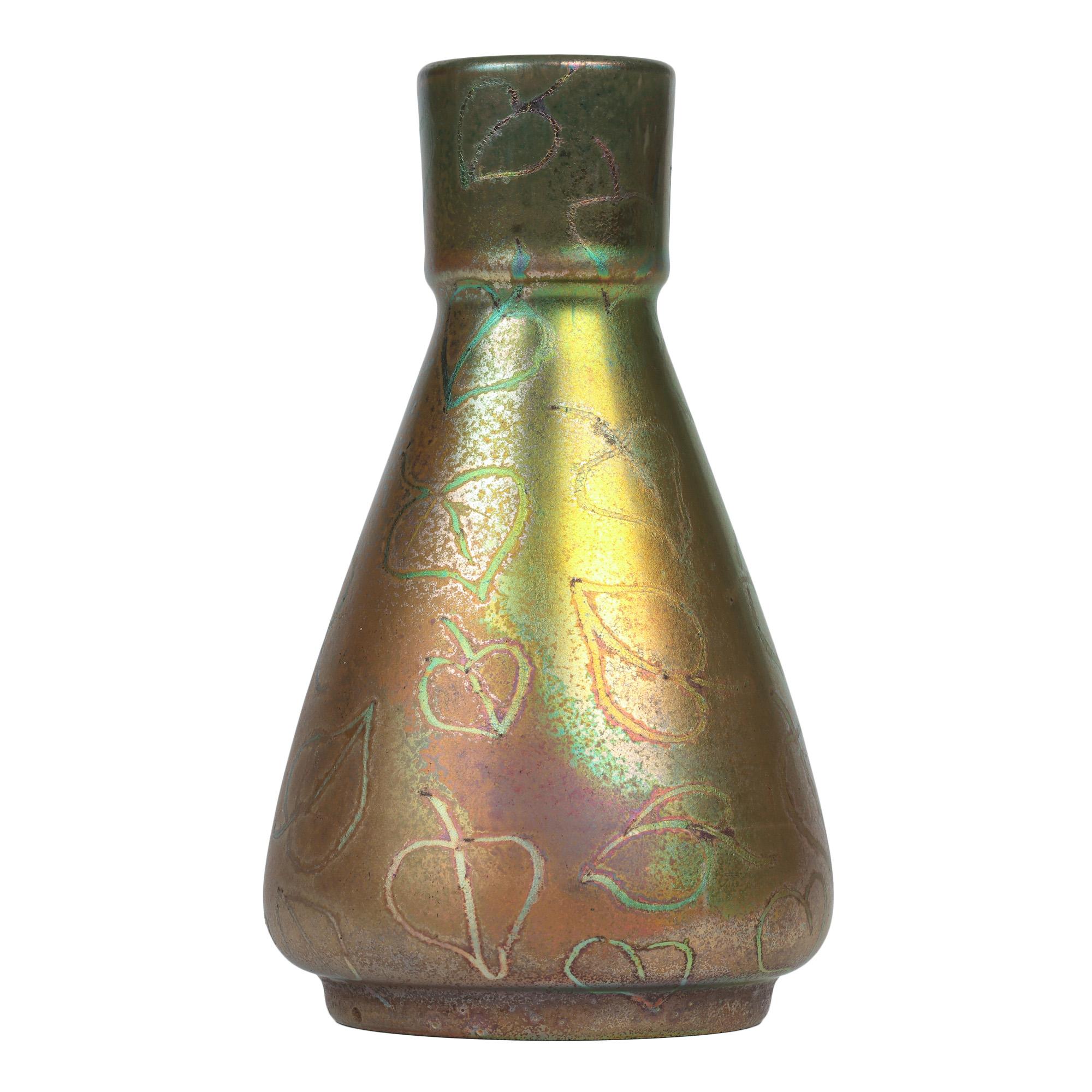 Late 19th Century Delphin Massier Vallauris Iridescent Art Nouveau Leaf Patterned Vase