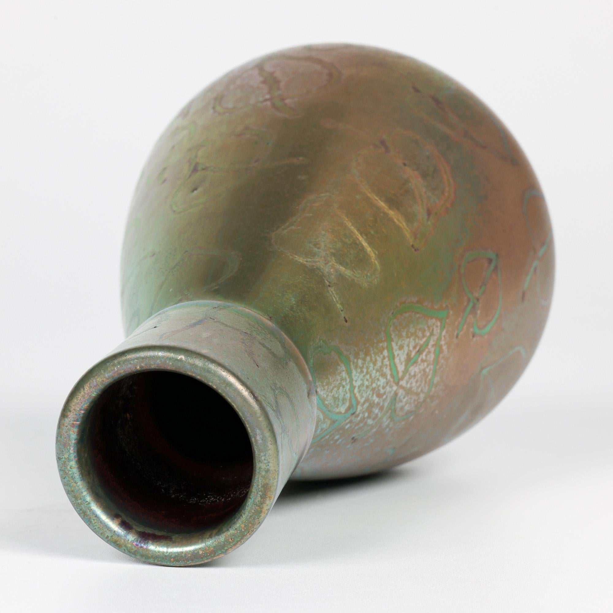 Stoneware Delphin Massier Vallauris Iridescent Art Nouveau Leaf Patterned Vase