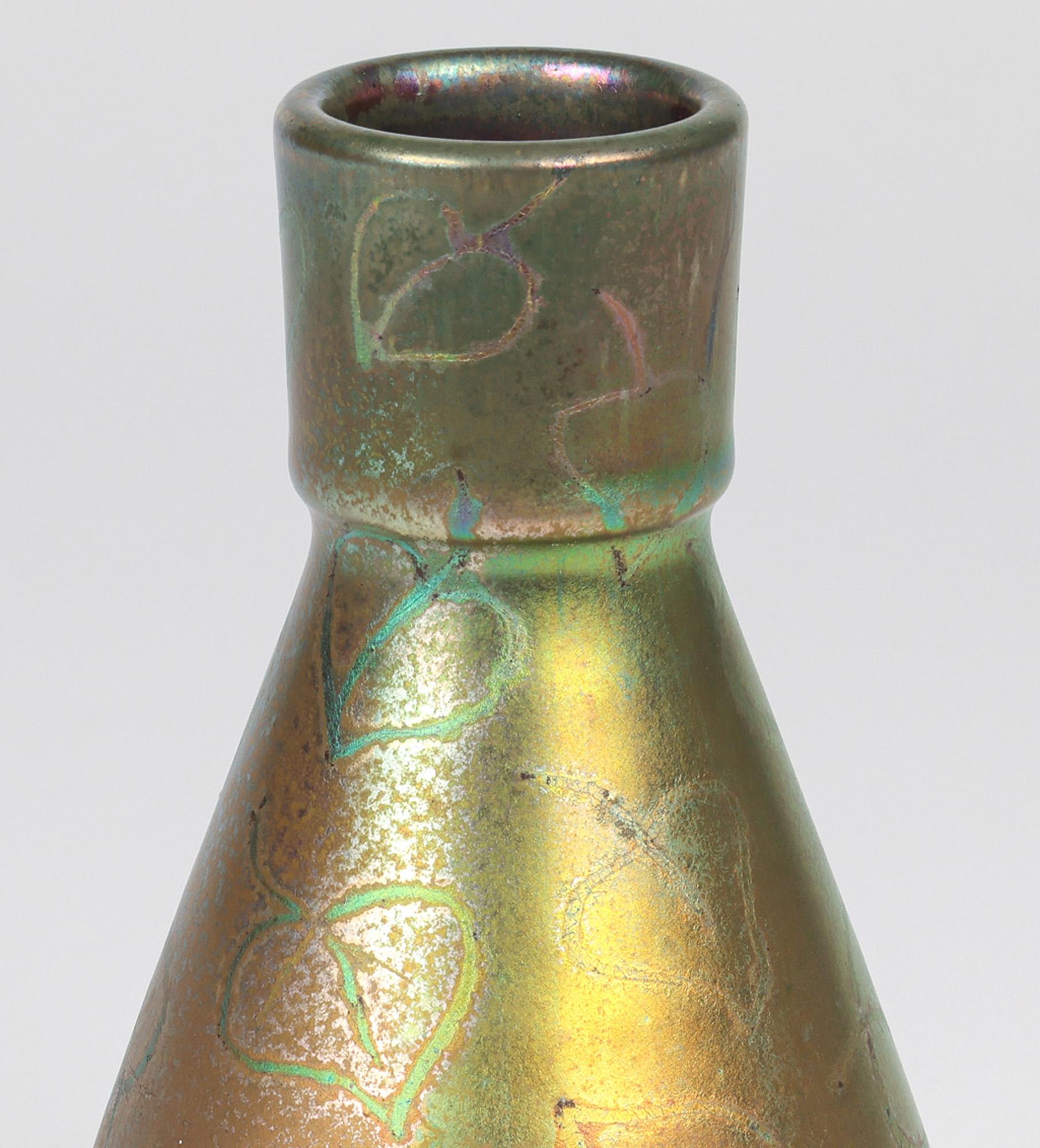 Delphin Massier Vallauris Iridescent Art Nouveau Leaf Patterned Vase 1