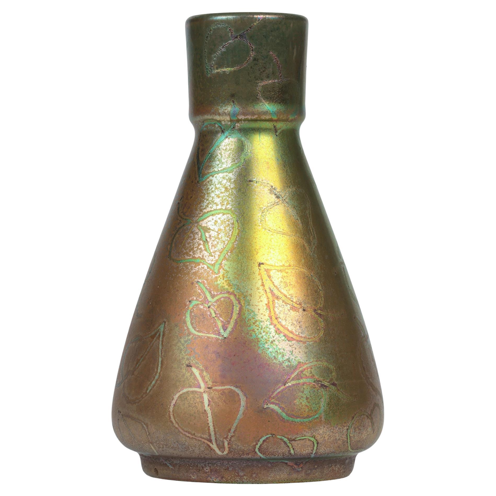Delphin Massier Vallauris Iridescent Art Nouveau Leaf Patterned Vase