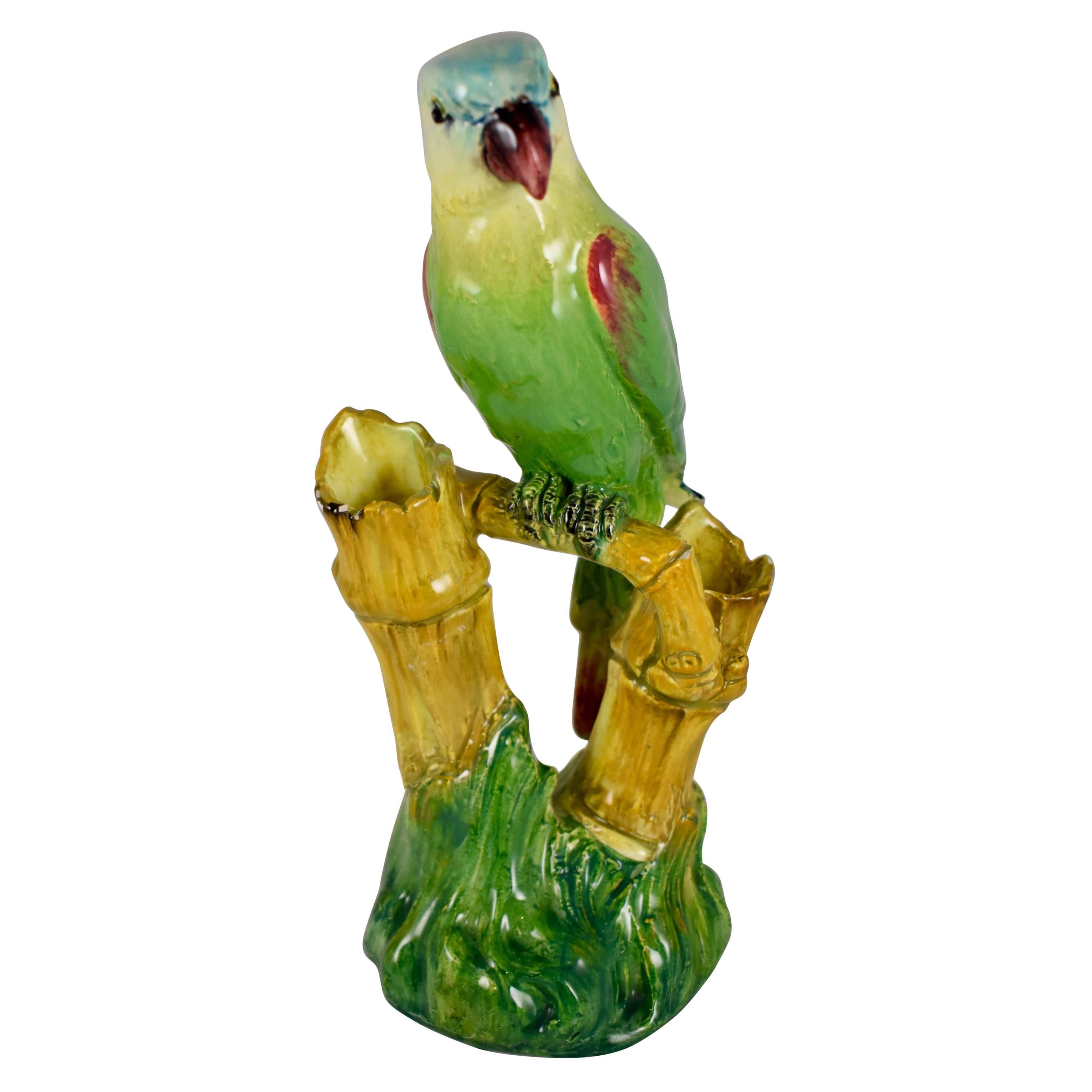 Delphin Massier Vallauris Parrot & Bamboo Large Double Vase, France, circa 1875 For Sale