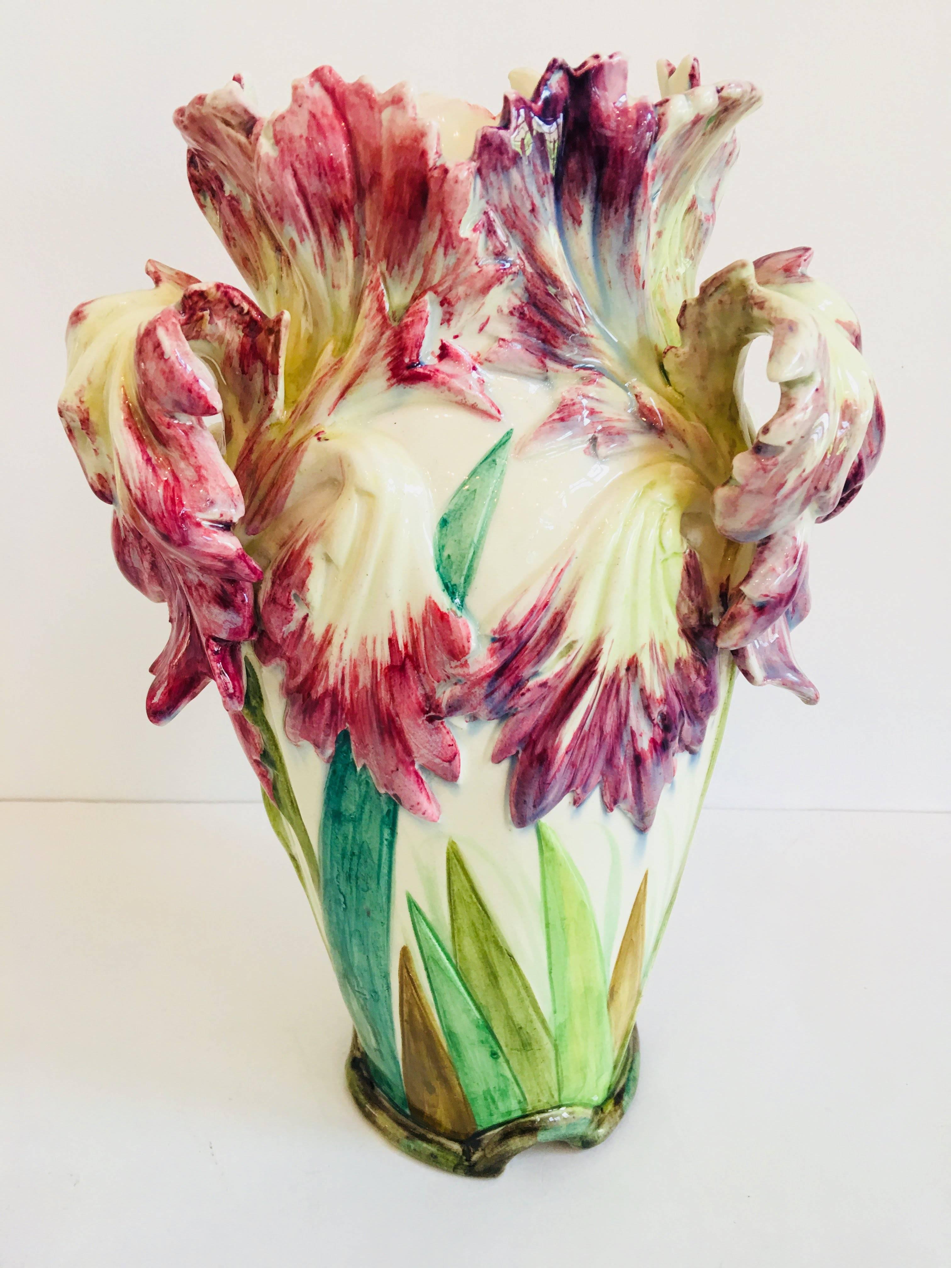 Glazed Delphin Massier Vallauris Parrot Tulip Vase